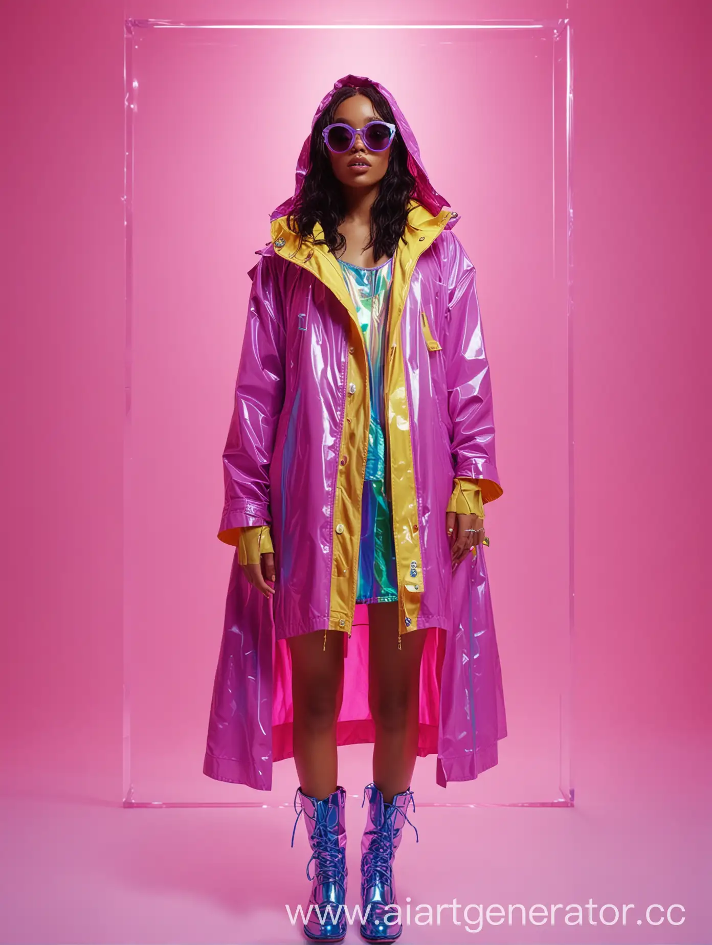 a woman wearing neon clothing and sunglasses, inspired by David LaChapelle, holography, girl in raincoat, sza, full body visible, cyber aesthetic, multi - coloured, backlit girl in raincoat, bella poarch, y 2 k fashion, fashion color studio lighting, colorful picture