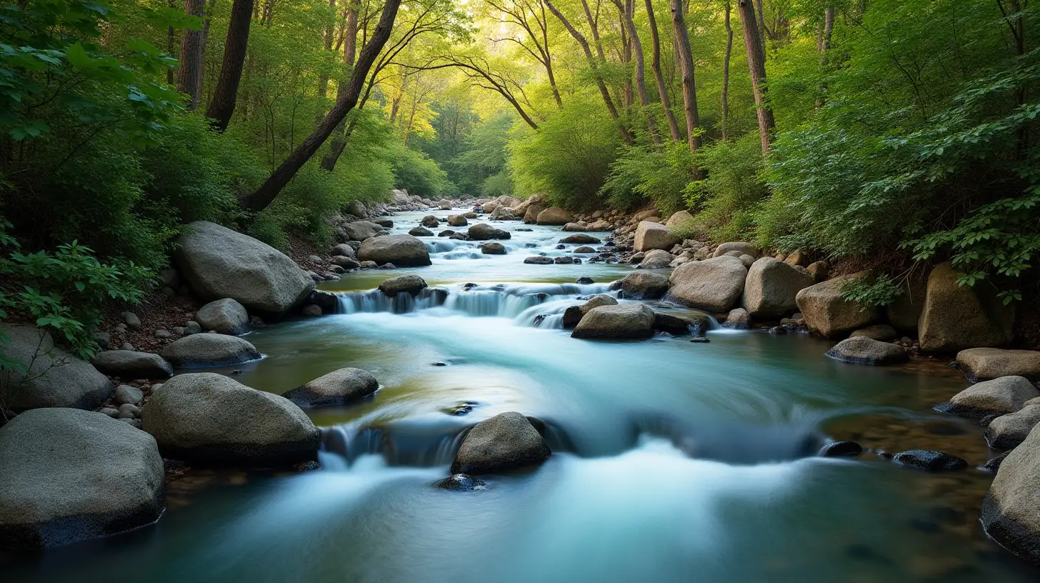 A beautiful bubbling river flowing through a wooded area