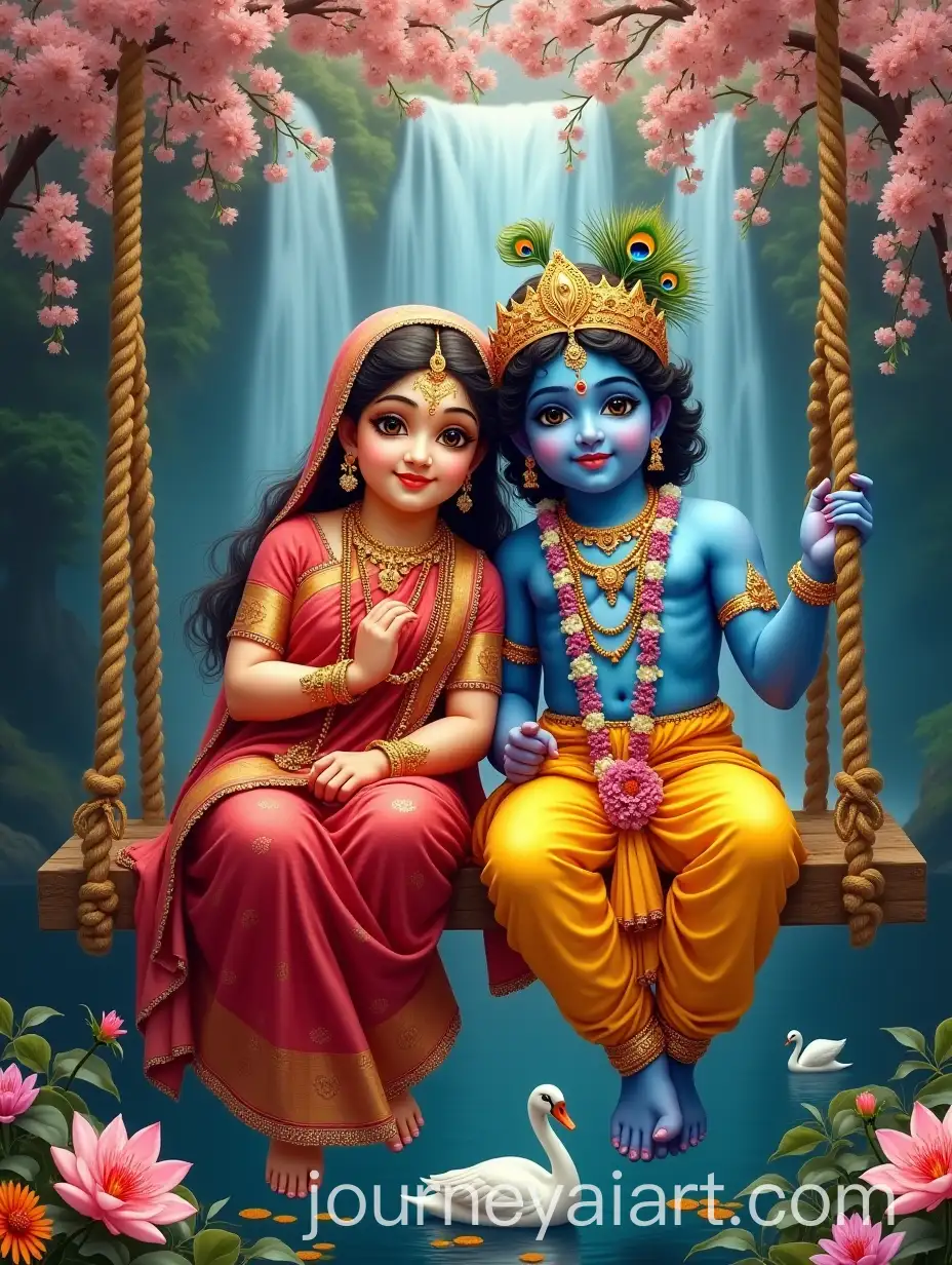Radha-and-Krishna-on-Celestial-Swing-with-Peacock-and-Waterfall