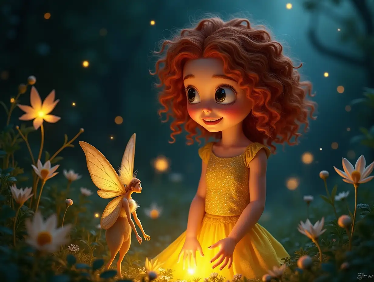 Image Prompt:nnLila a curious young girl with curly red hair and a big smile. She is wearing a sparkling yellow dress, looking reflective as the fairies gather around her, sharing their secret. The garden glows softly in the twilight, with stars beginning to twinkle in the darkening sky.