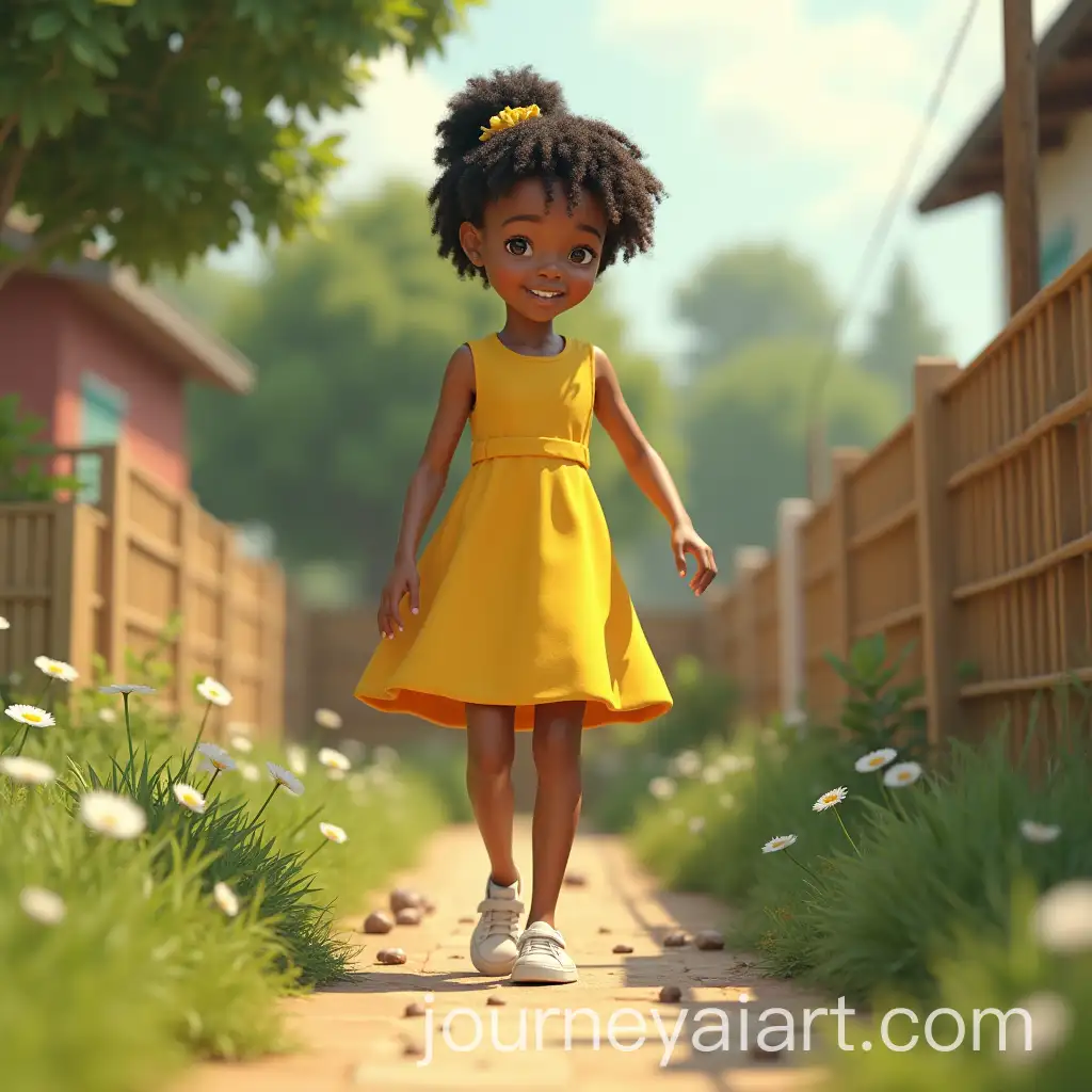 Slim-Teenage-Girl-in-Yellow-Pinafore-Strolling-Through-Lush-Garden