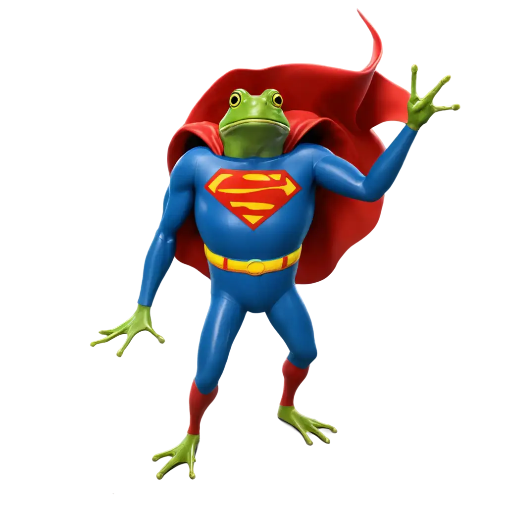 A frog as Superman at supermarket