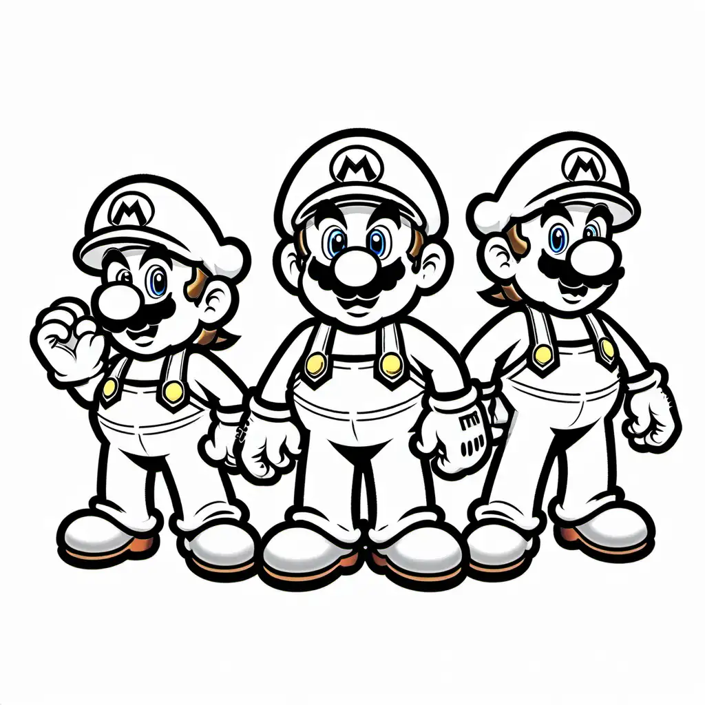 Super Mario Characters, Mario, Coloring Page, black and white, line art, white background, Simplicity, Ample White Space. The background of the coloring page is plain white to make it easy for young children to color within the lines. The outlines of all the subjects are easy to distinguish, making it simple for kids to color without too much difficulty