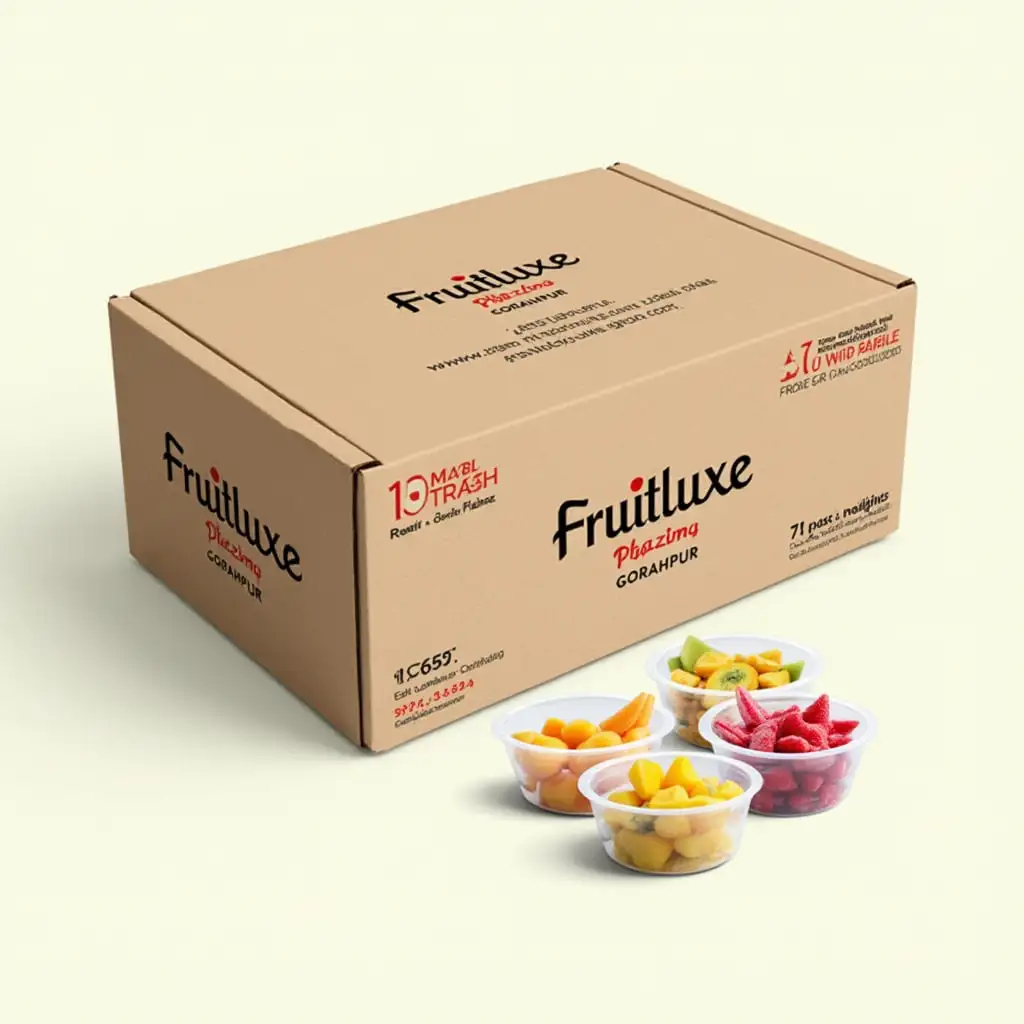 Design a Fruitluxe cut fruit packaging system for retail store delivery. Each small box should contain 15 to 20 pieces of fresh-cut fruit in a sealed, transparent cup, ensuring hygiene and freshness. The cups should be neatly arranged in a larger delivery box, which is sturdy and designed for easy transportation. The large delivery box should have high-quality printed branding with the Fruitluxe logo, Gorakhpur address, and contact details prominently displayed. The design should be clean, modern, and professional, making it stand out in retail stores. The box should also include 'Fresh & Healthy' and 'Store in a Cool Place' labels to maintain product quality. The goal is to create an attractive, practical, and professional packaging solution that ensures the freshness of cut fruits while promoting the Fruitluxe brand effectively.