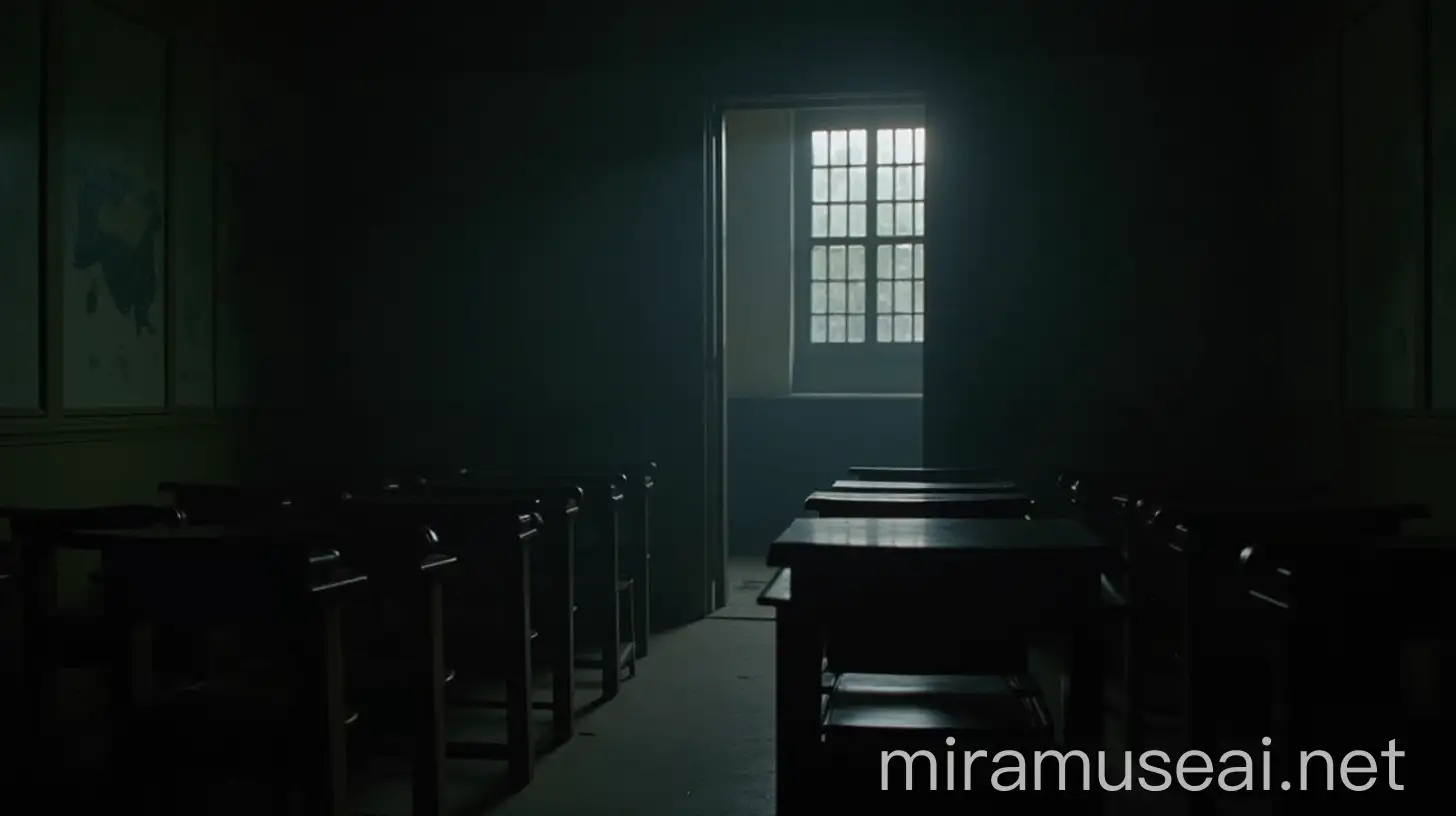 Eerie Nighttime Classroom at Hollow Cambridge College 1955