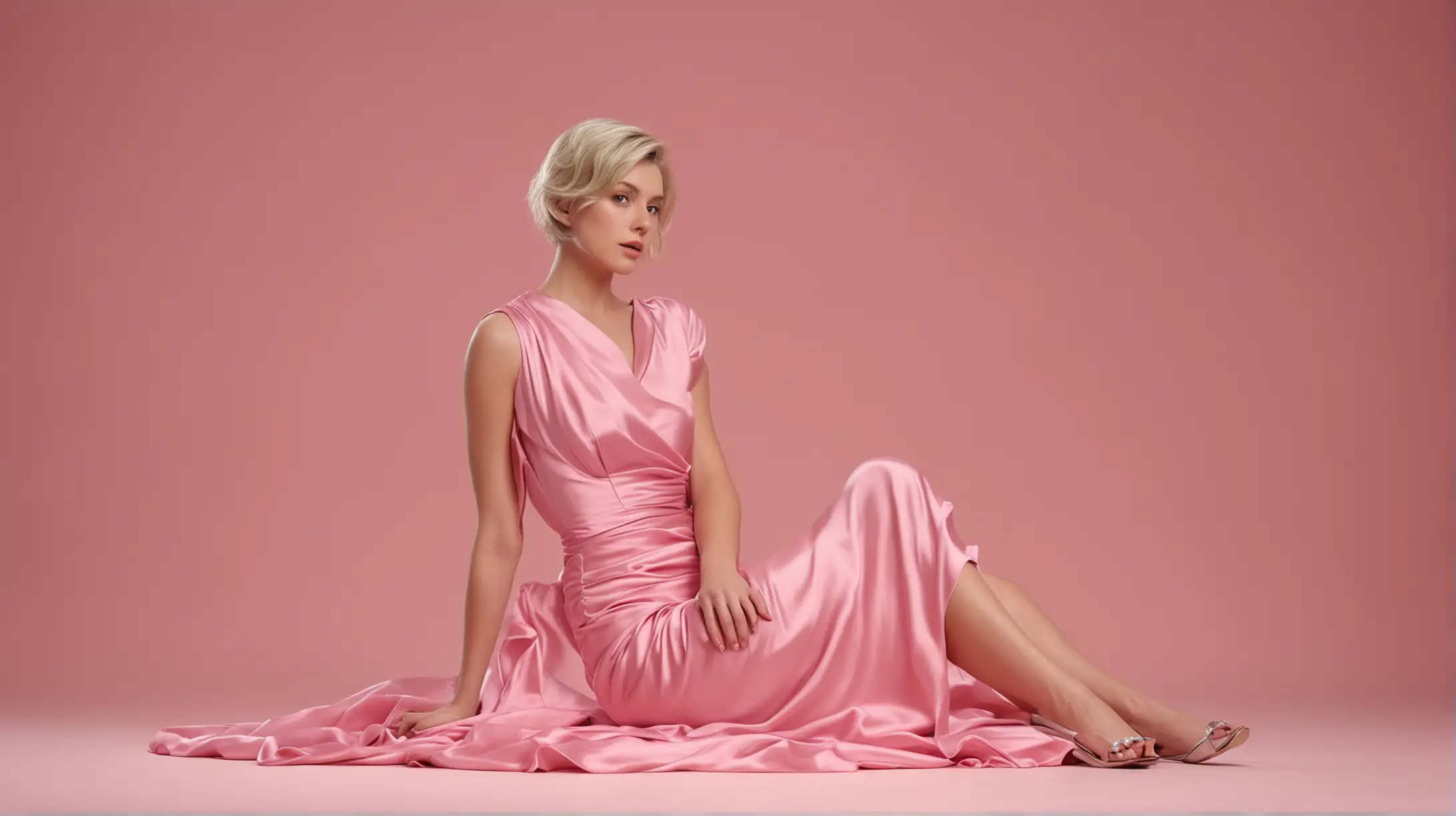 Blonde Woman in Pink Silk Dress Sitting Gracefully Hyperrealistic Cinematic Portrait