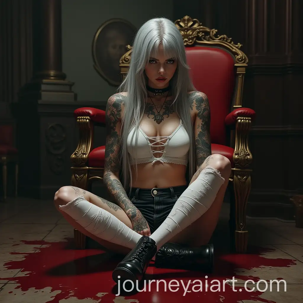 Woman-in-Ornate-Room-with-Intricate-Tattoos-and-BloodStained-Floor