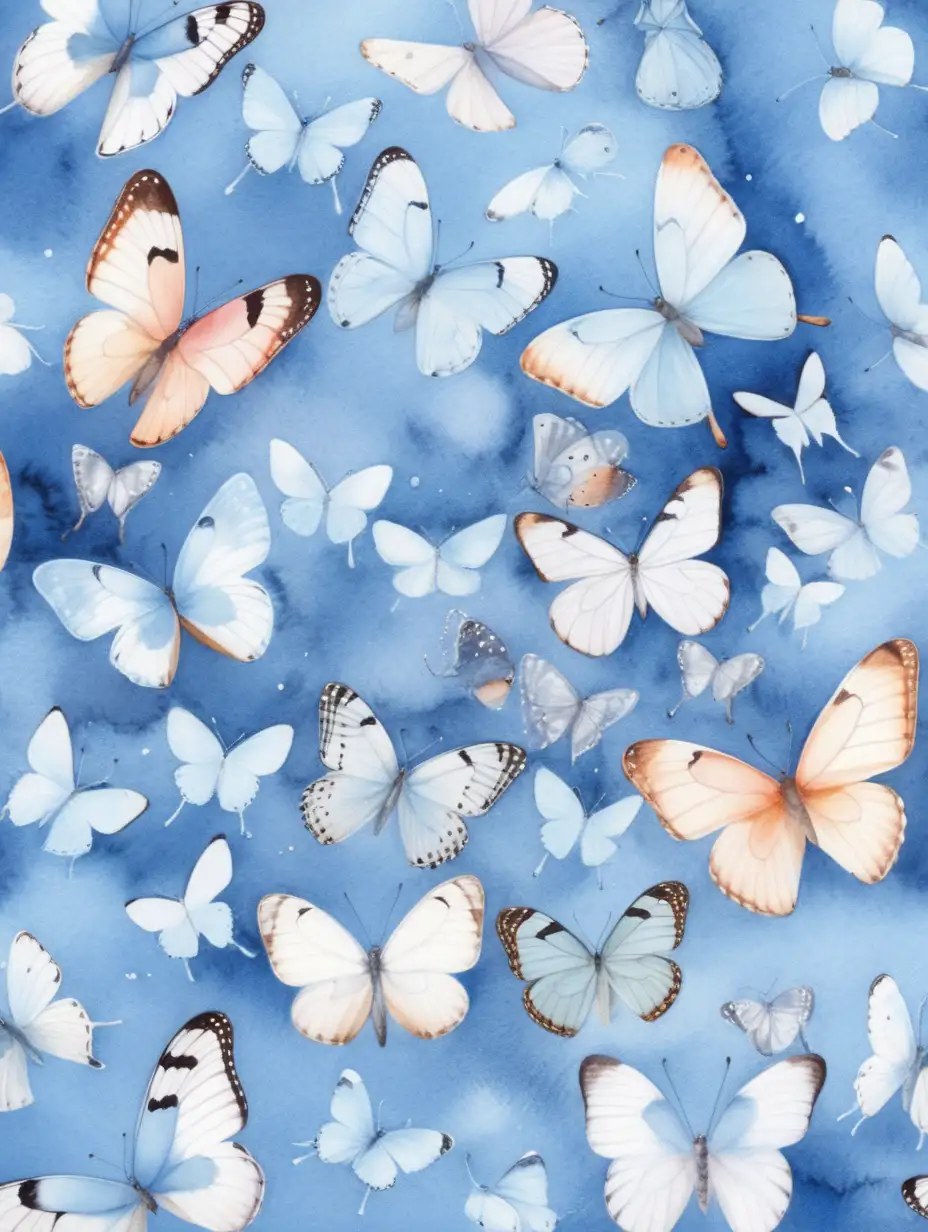 Colorful Butterflies on Pastel Blue Watercolor Background