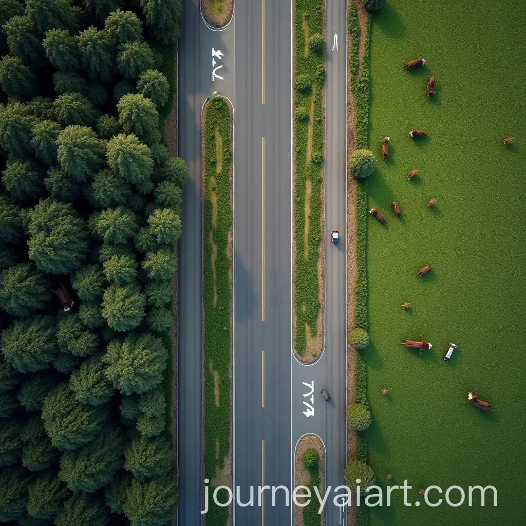 Aerial-View-of-ThreeLane-Road-with-Traffic-Island-and-Forest-Surroundings