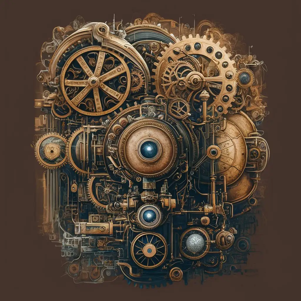 "Mechanical Engineer: The Art of Turning Ideas into Machines", Design a steampunk-inspired t-shirt with intricate gears, machines, and mechanical elements, design like tipseason, Incorporate a vintage color scheme and Victorian-era aesthetics for a retro-futuristic look
