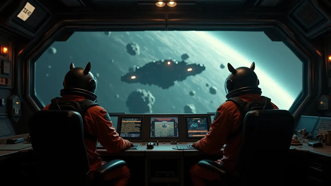 sci fi view of command room with mean military squirrel astronauts piloting spaceship through an asteroid field, dark, moody, style of blade runner, cinematic, dramatic