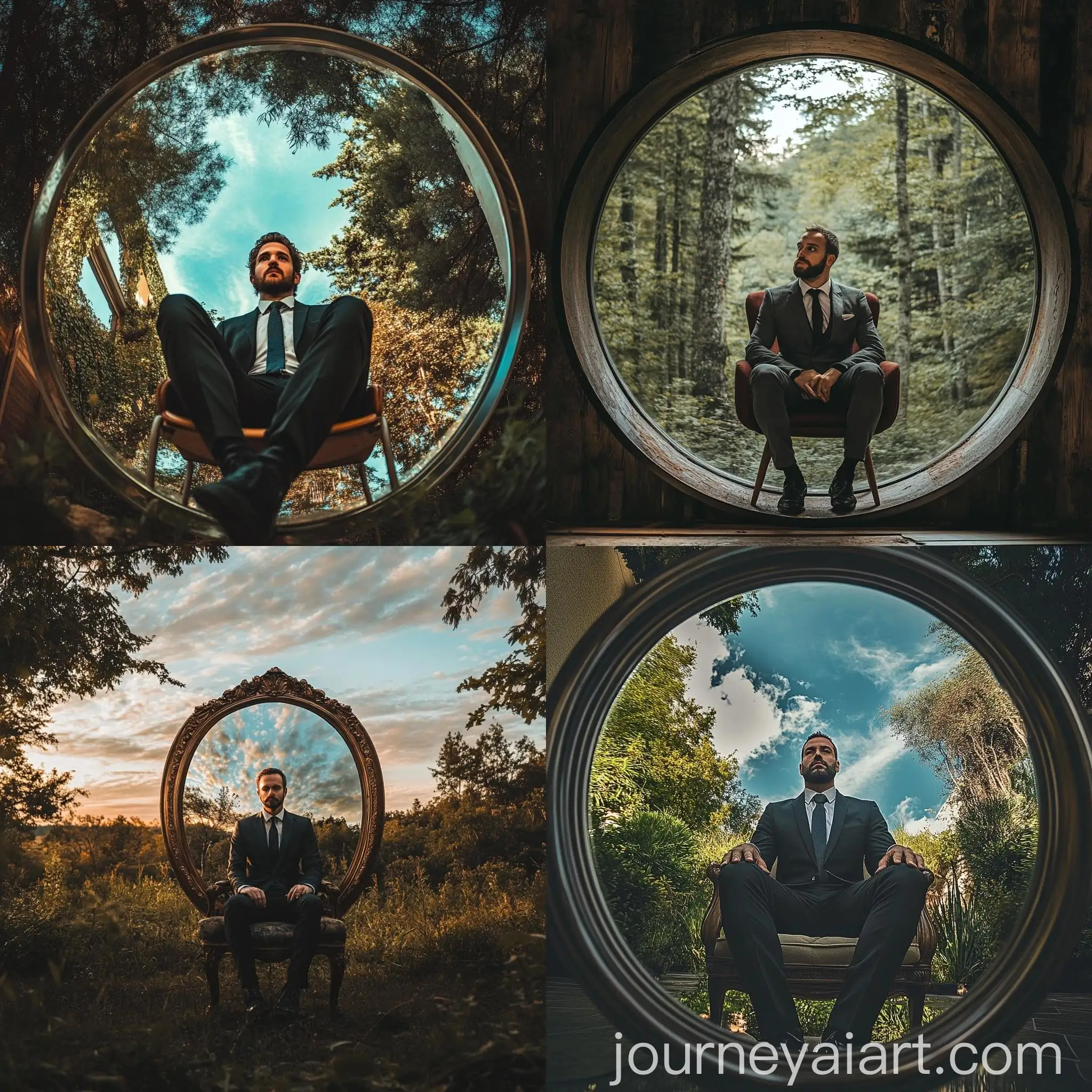 Businessman-Taking-Mirror-Selfie-with-Green-Landscape-View