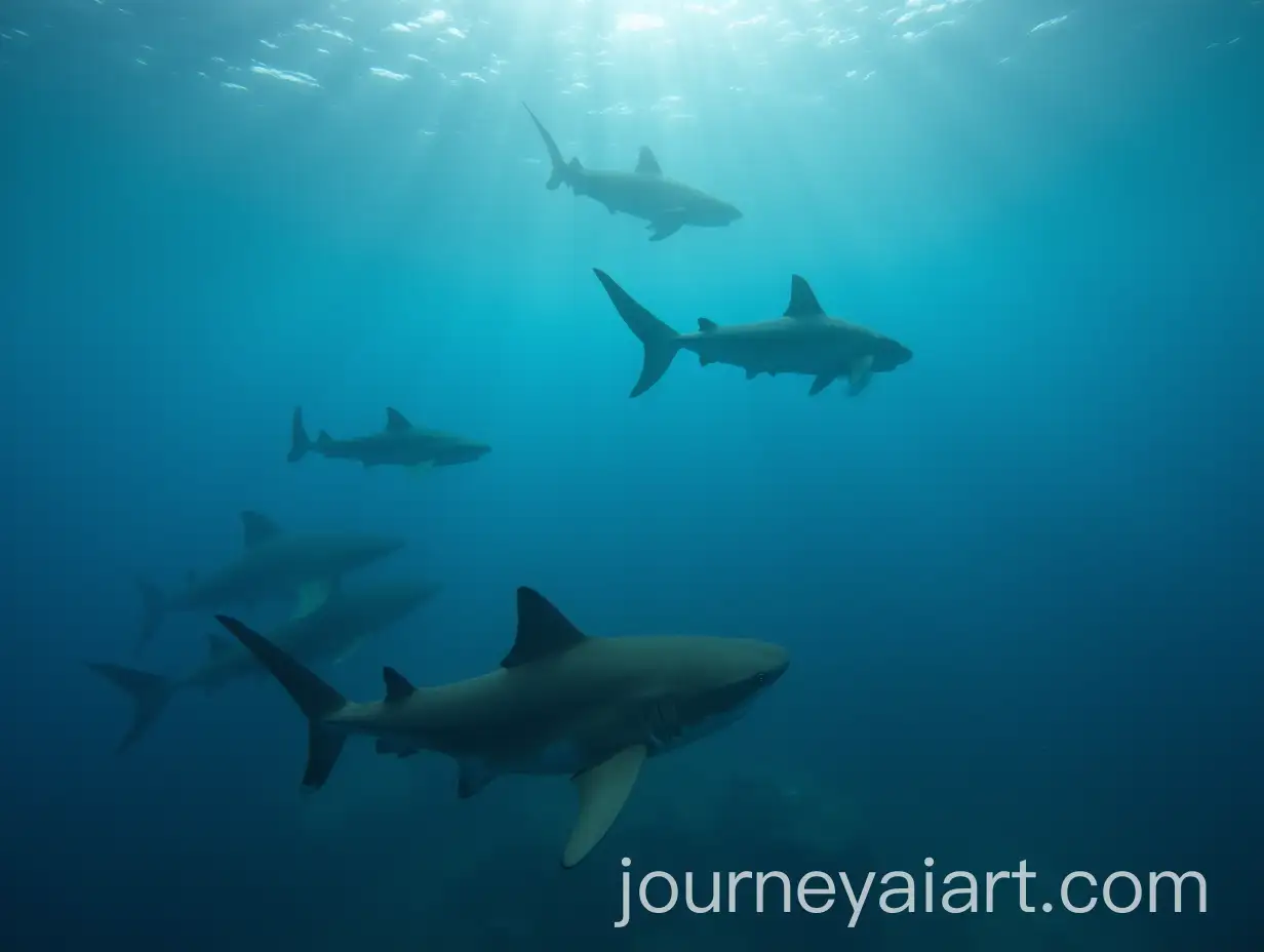 Group-of-Sharks-Swimming-in-Clear-Ocean-Water