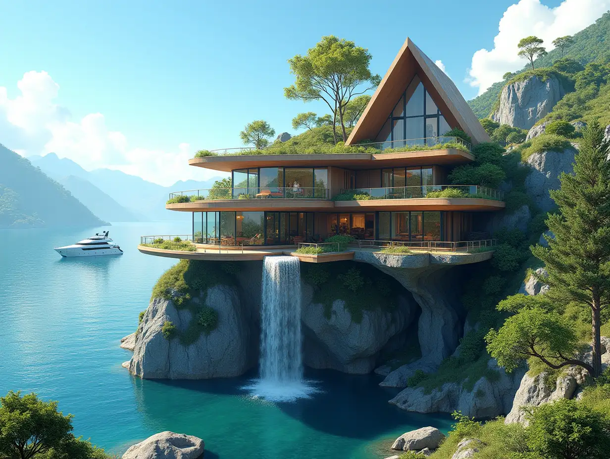 A futuristic multi-story house made of glass, triangular and wood lies on the mountain peak, many plants waterfall, trees, blue sky, bright environment, mountains, clear water and a yacht in the background, colorful 8k quality 180 degree shots