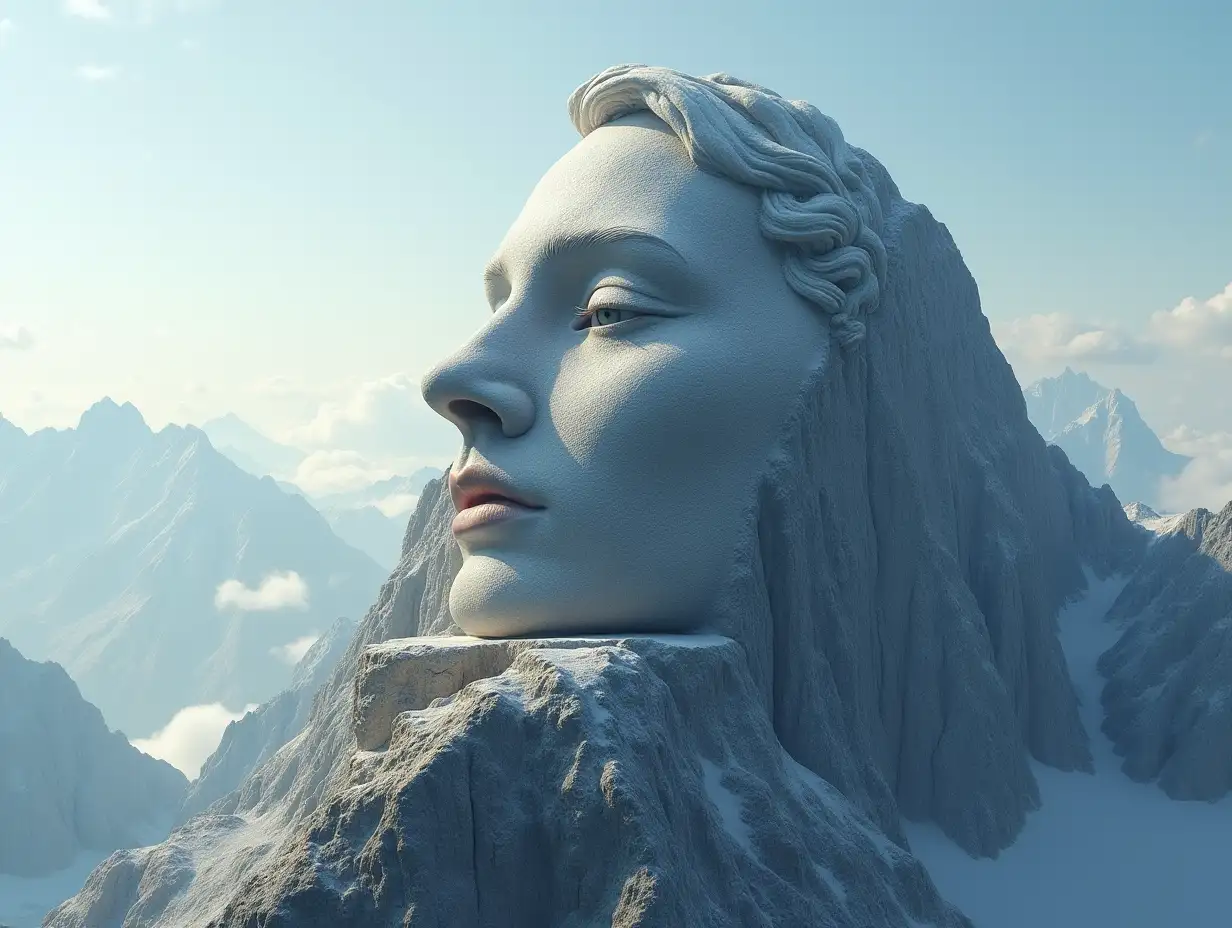 Face transformed into a building on a high mountain