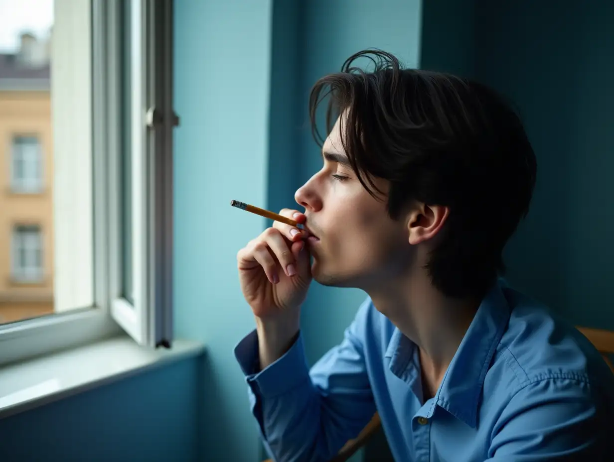 A 24-year-old man, wearing a blue shirt, with medium-length black hair, and a model-like appearance. He is sitting by the window in an apartment of a Russian five-story building, smoking.  The window is open, and the room has blue walls, A close-up of the hand holding a cigarette in front of an open window.