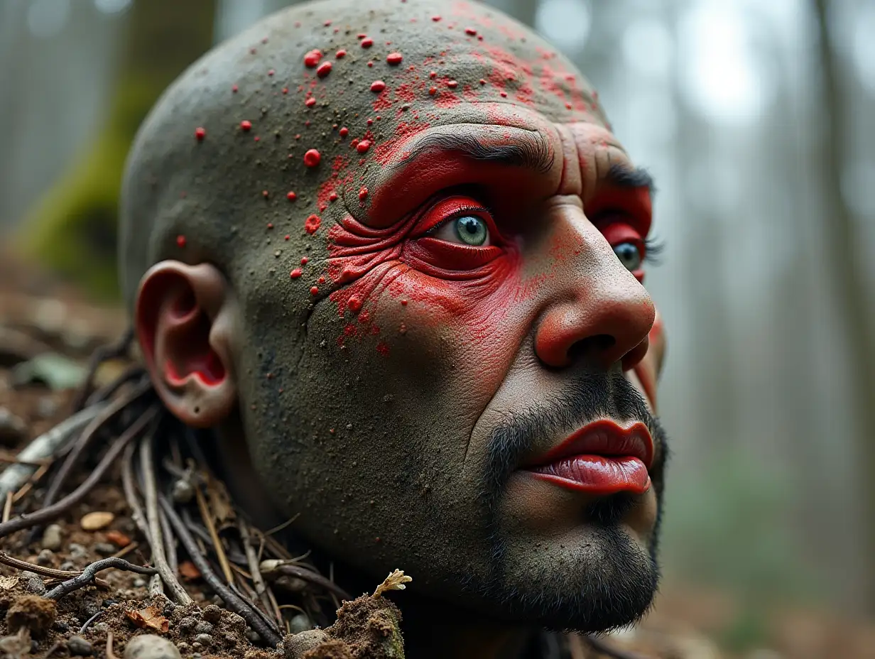 Face with grey and red fly agaric roots transformed into building