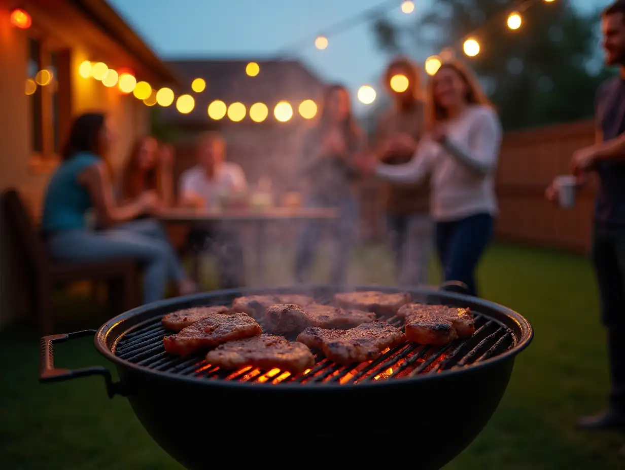 Grilled meat on a barbecue with friends gathered around in a backyard, enjoying an evening party with string lights and a cozy ambiance.