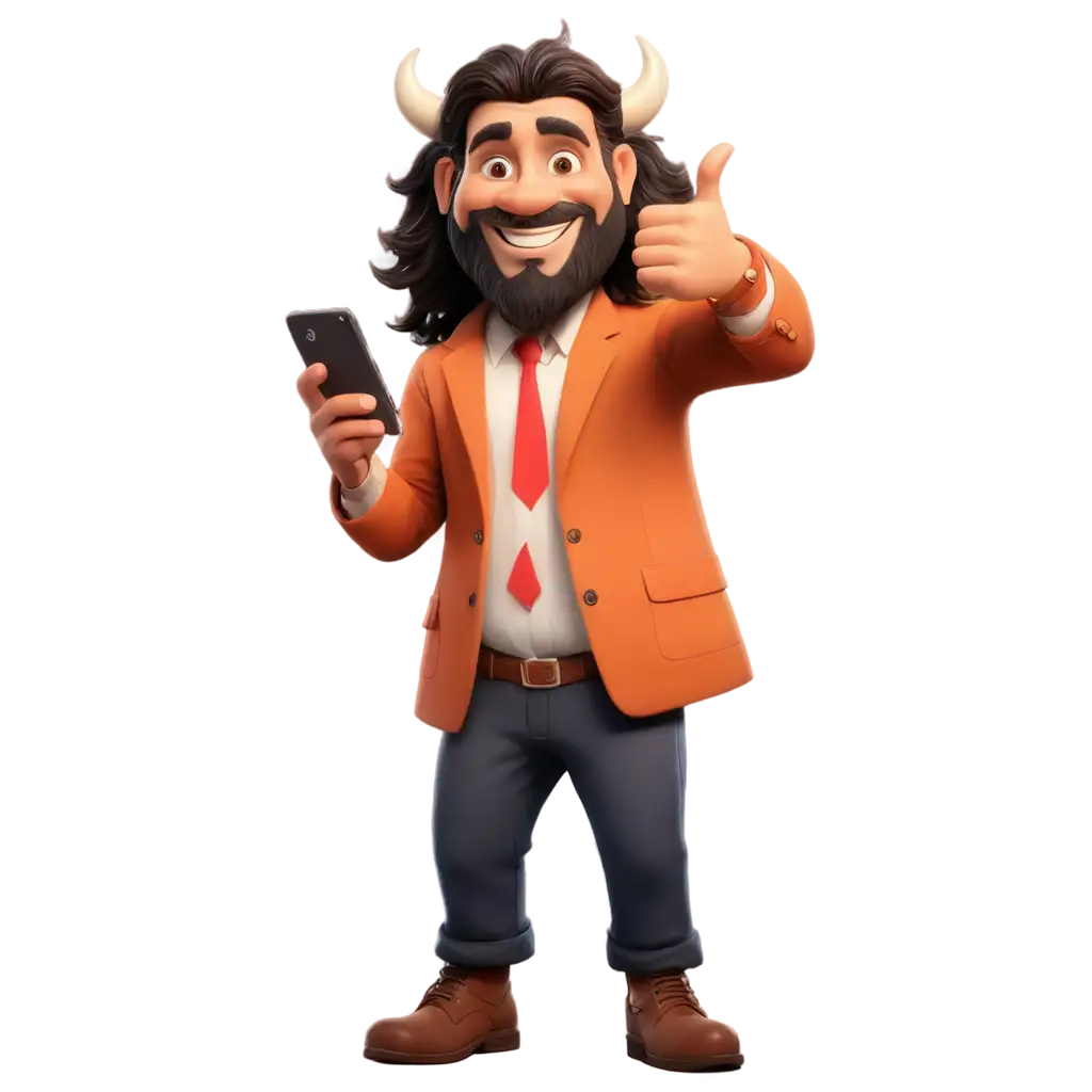 Long-Hair-Bull-Holding-Phone-with-Big-Smile-PNG-Image