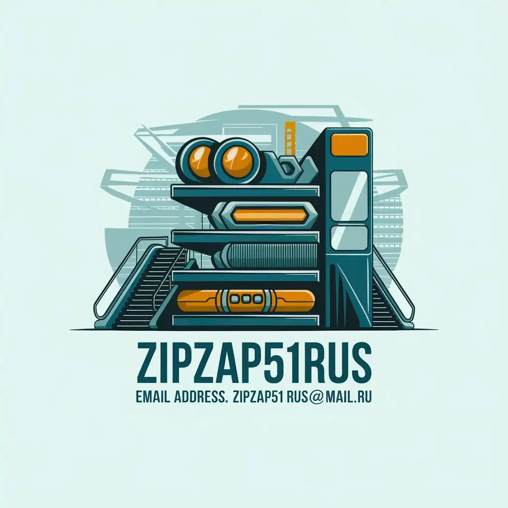 a vector logo design,with the text "ZipZap51rus, email address ZipZap51rus@mail.ru", main symbol:Spare parts of the future, stacked on shelves, with a futuristic shopping mall in the background, elevator on the right, escalator on the left, high-tech style, text "ZipZap51rus, e-mail address ZipZap51rus@mail.ru",Moderate,clear background