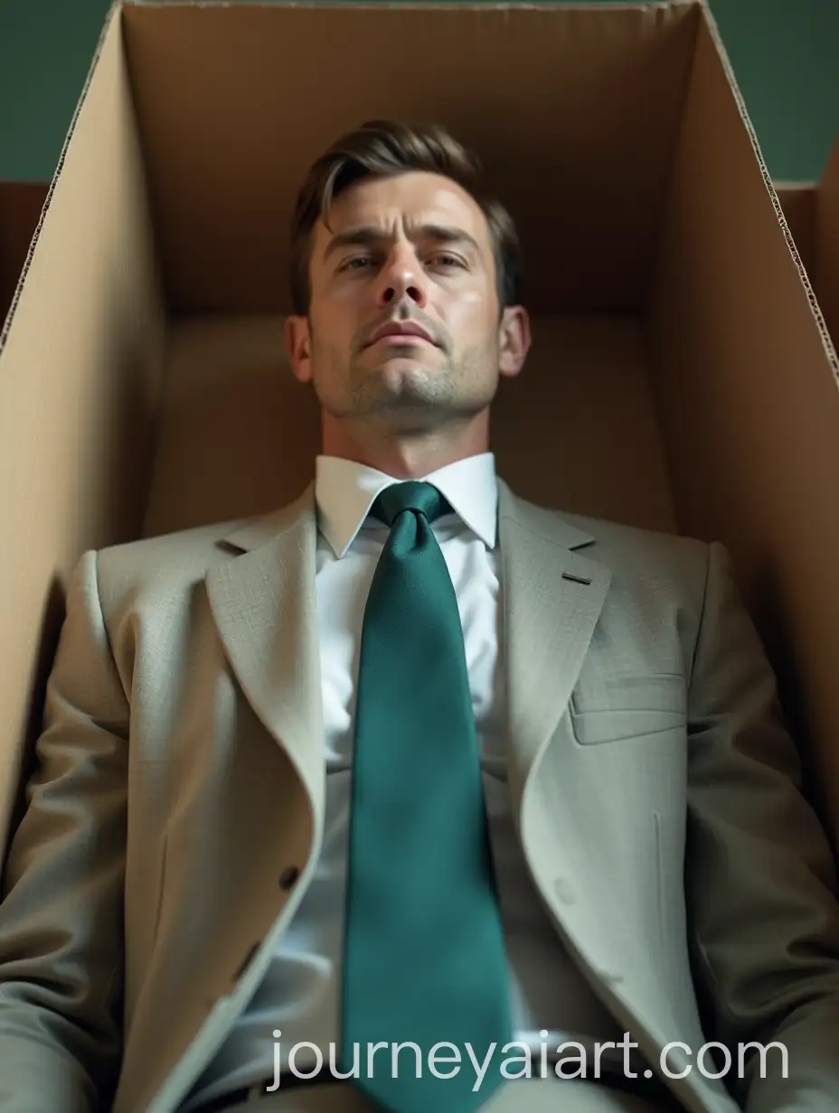 Man-in-Light-BrownishGray-Suit-Sitting-in-Cardboard-Box-with-Neutral-Expression