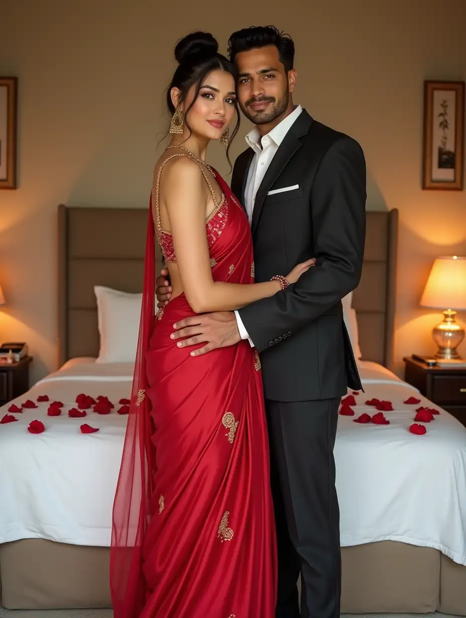 Romantic-Indian-Couple-Embrace-in-Designer-Half-Saree-with-Floral-Bedroom-Setting