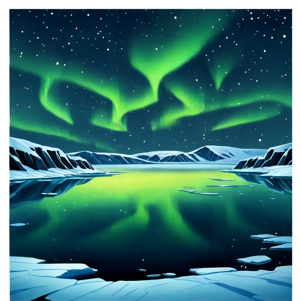 Cartoon-Hand-Drawn-Ice-Covered-Antarctic-Lake-at-Night-with-Northern-Lights-PNG-Image