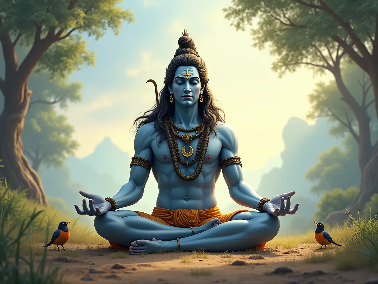 A divine depiction of Lord Shiva meditating in an open natural setting on Earth, surrounded by pristine wilderness. He is seated on the bare ground, under a vast clear sky, with a tranquil expression on his face. His matted hair holds the crescent moon, and the sacred river Ganga flows gently from it. A coiled serpent rests peacefully around his neck, and his third eye radiates subtle divine energy. In one hand, he holds his trident (trishul) planted in the ground nearby, while his other hand rests on his knee in a meditative mudra. The scene is serene, with soft rays of sunlight filtering through the trees, birds perched around, and gentle winds rustling the leaves, symbolizing his connection with nature and the cosmos.