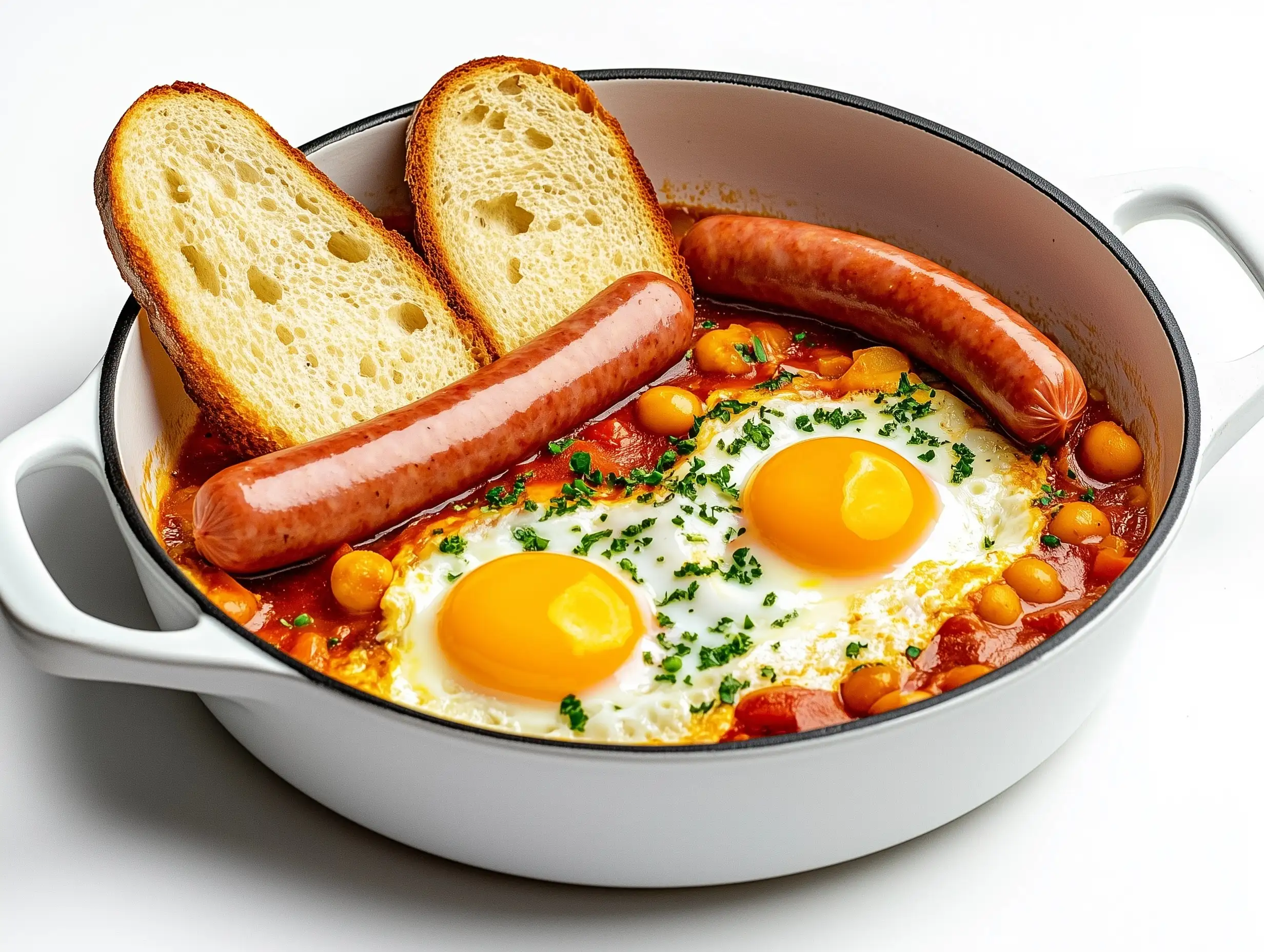 Cooking-Breakfast-Scrambled-Eggs-Sausages-and-Toast-on-White-Background