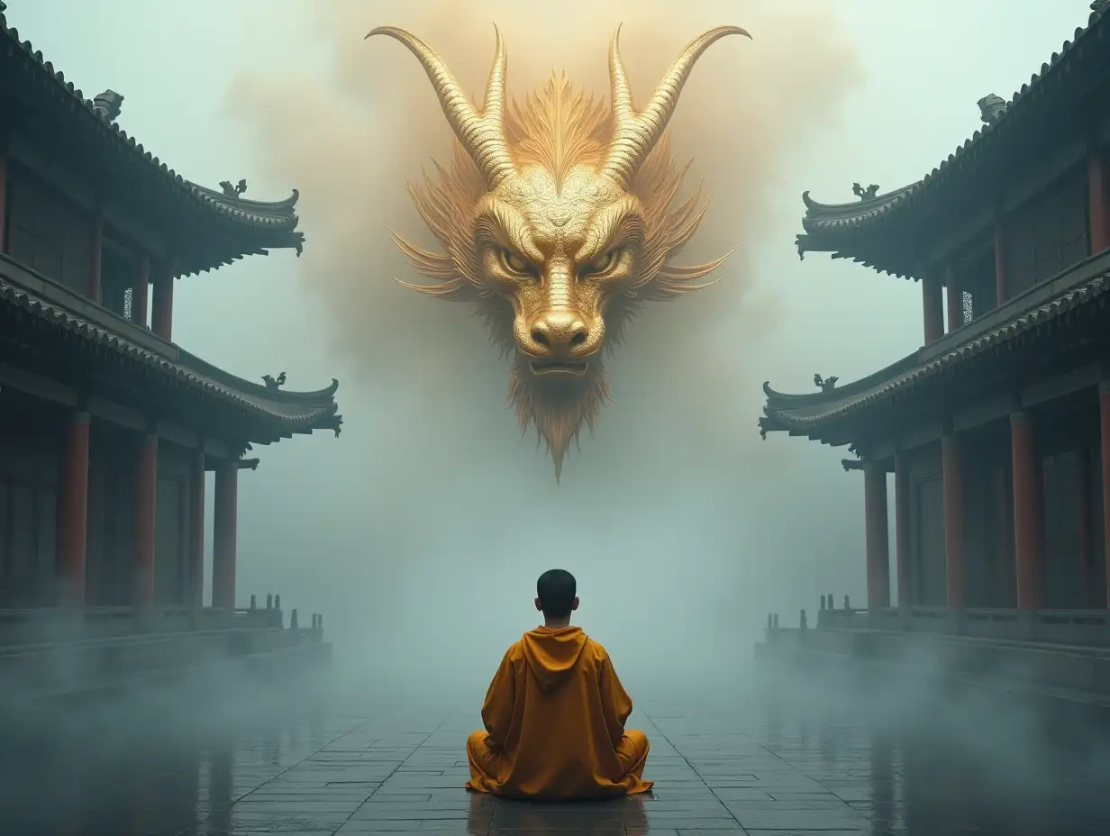 front view --A golden Chinese dragon head from the sky looks down at a chinese young monk meditating   in a foggy temple. gray fog, Symmetrical composition,