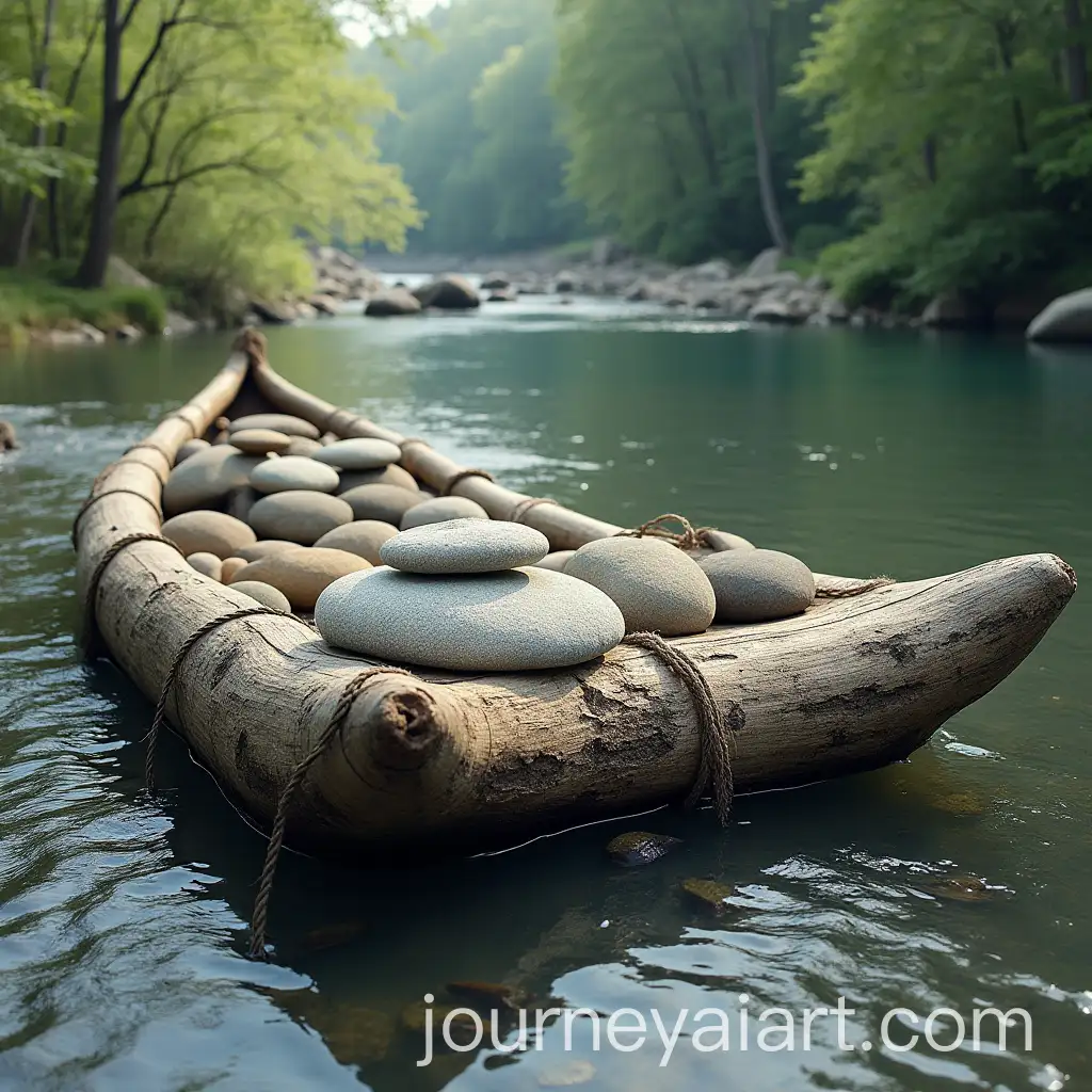 Wooden-Raft-Made-of-River-Stones-on-Calm-Water