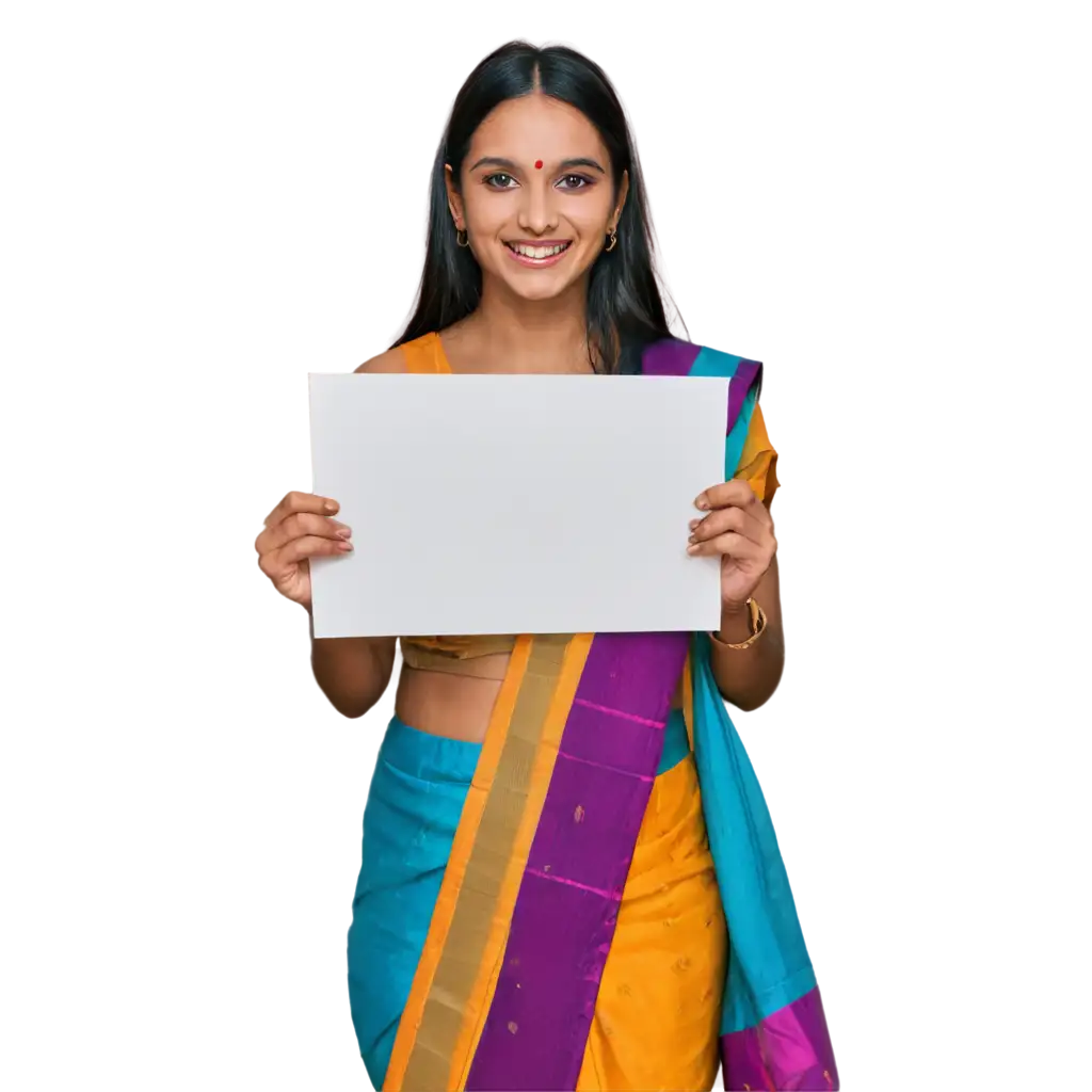 Young-Indian-Woman-in-Colorful-Saree-Holding-Blank-White-Sign-PNG-Image