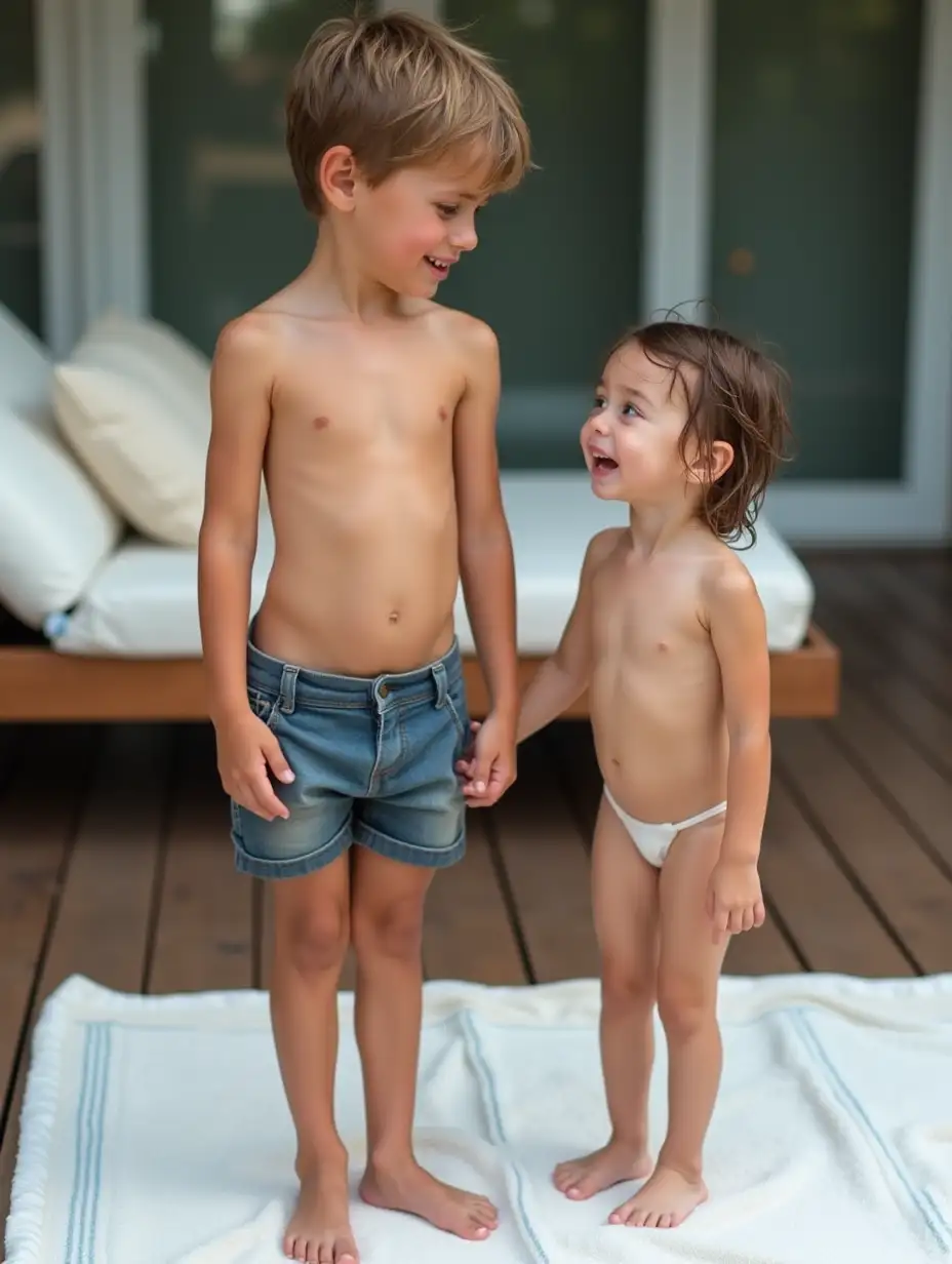 Tall athletic boy, light brown hair, blue eyes, no shirt, and his very skinny younger sister, brown eyes, short tangled wet brown hair, pale shiny skin, no shirt, long slender legs, bare feet. They are standing on a towel on a wood deck. She is holding his hand and crying. A lounge chair with fluffy pillows in the background.