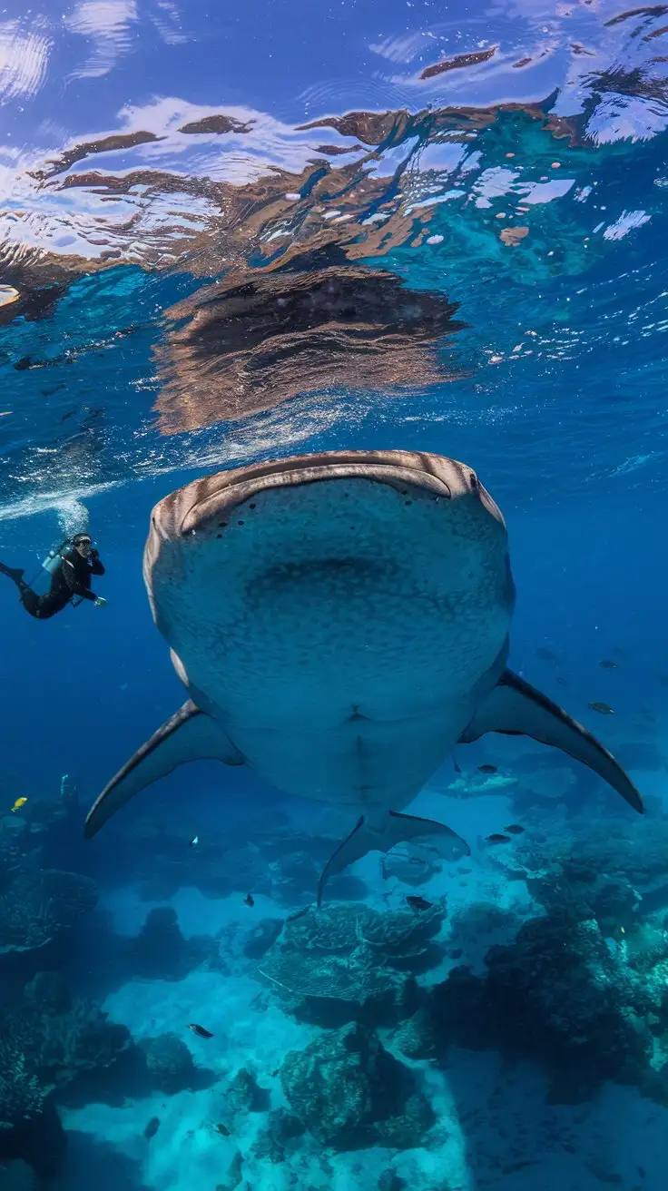 Whale-Shark-Swimming-Towards-Diver-in-Ocean-Underwater-Photography-with-Dappled-Sunlight