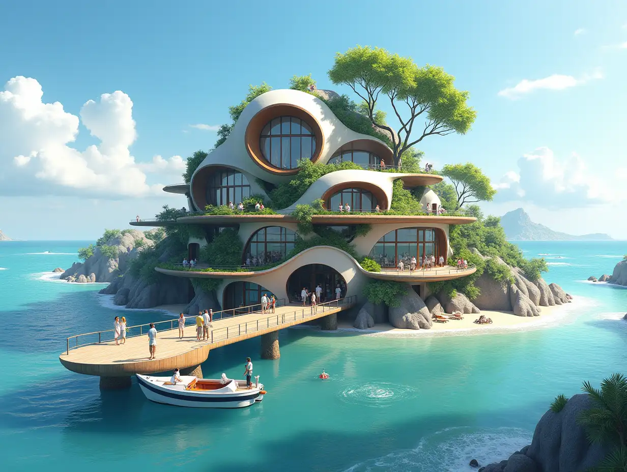 Create a high-resolution, realistic panoramic image of a futuristic terrace building with snail-house windows with a bridge, a yacht and a small boat beach with people, many plants and grey and brown facades with sea with waves, large trees, blue sky