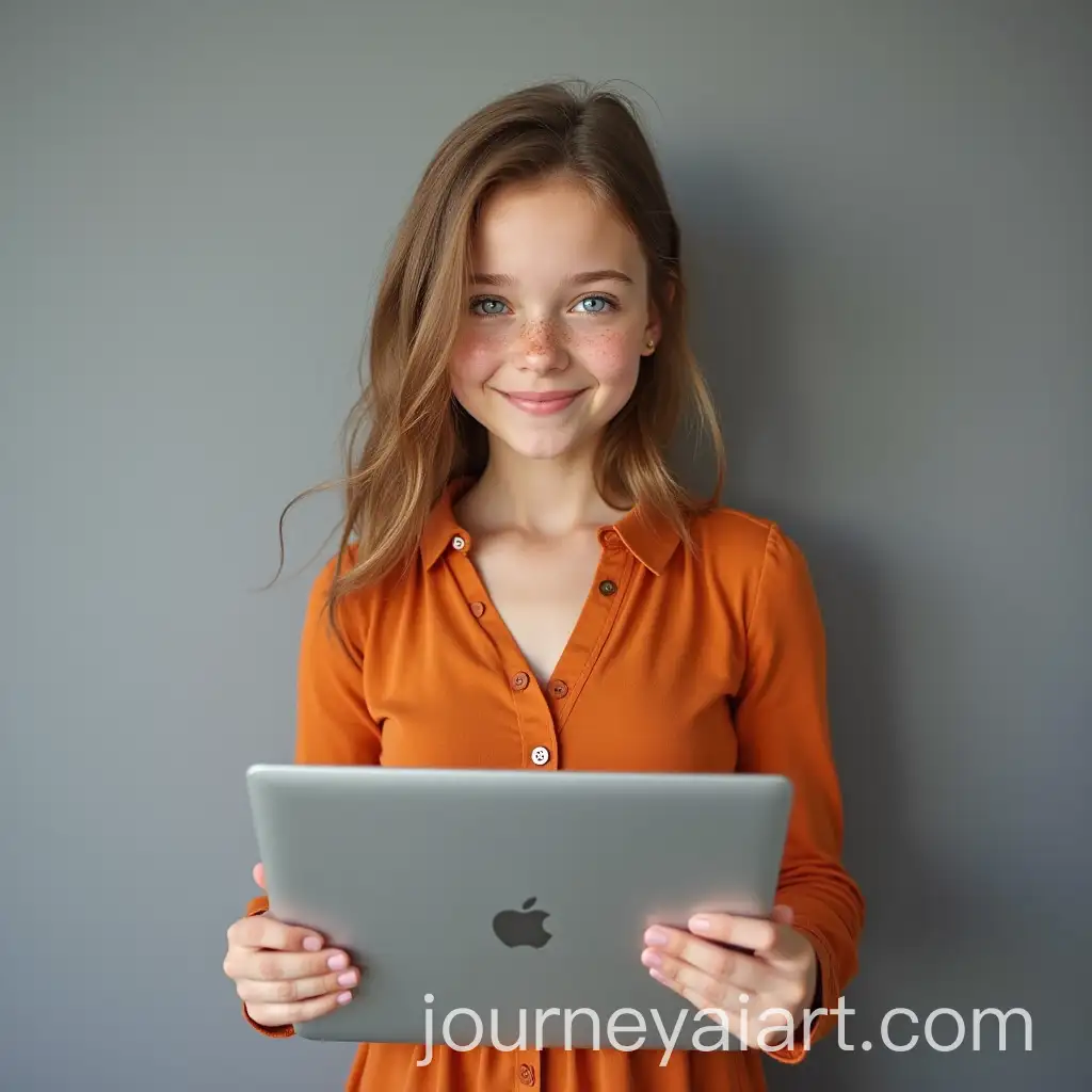 European-Girl-with-Blue-Eyes-and-Orange-Dress-Working-on-Laptop-with-Happy-Expression