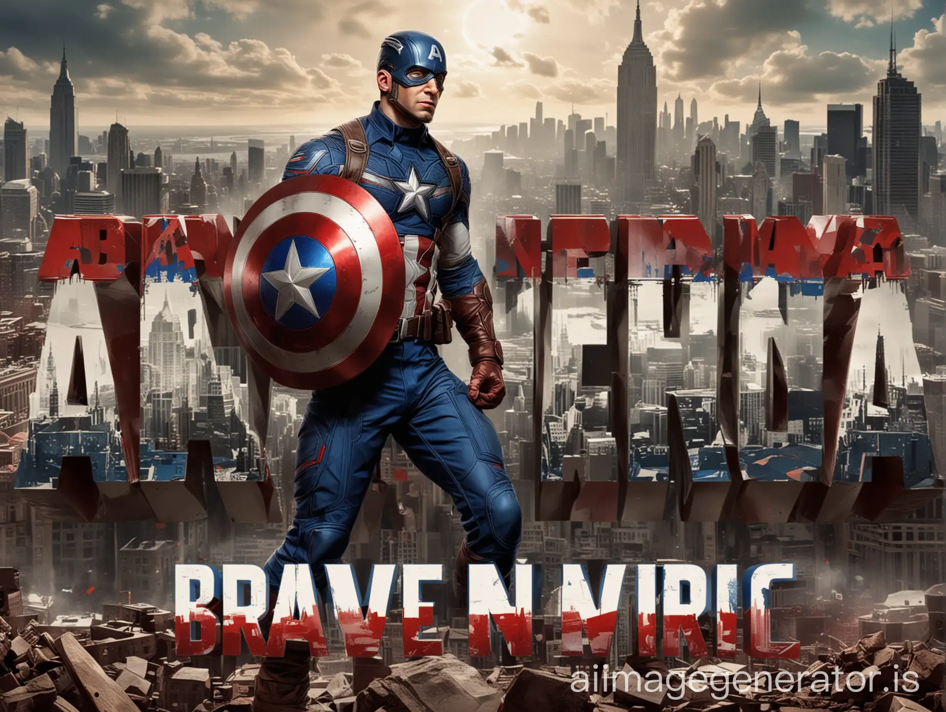 Captain America: Brave New World featuring Captain America in a heroic pose with a dramatic cityscape background, using a bold, patriotic font and contrasting colors like red, white, and blue for an eye-catching design.