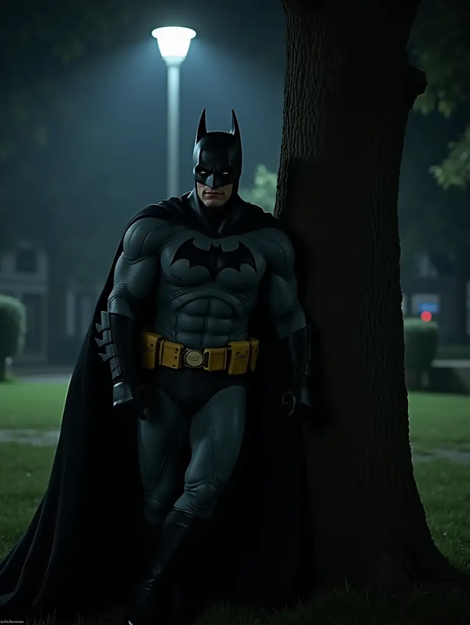 Batman with his modern costume leaning against a tree in a park at night dimly lit by a street lamp, the scene of the character as a whole and from the front in low angle with breathtaking details like a realistic photograph of high precision, high definition, very detailed.