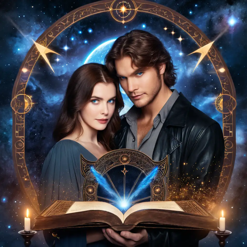 Couple Holding Grimoire with Celestial Magic Surroundings