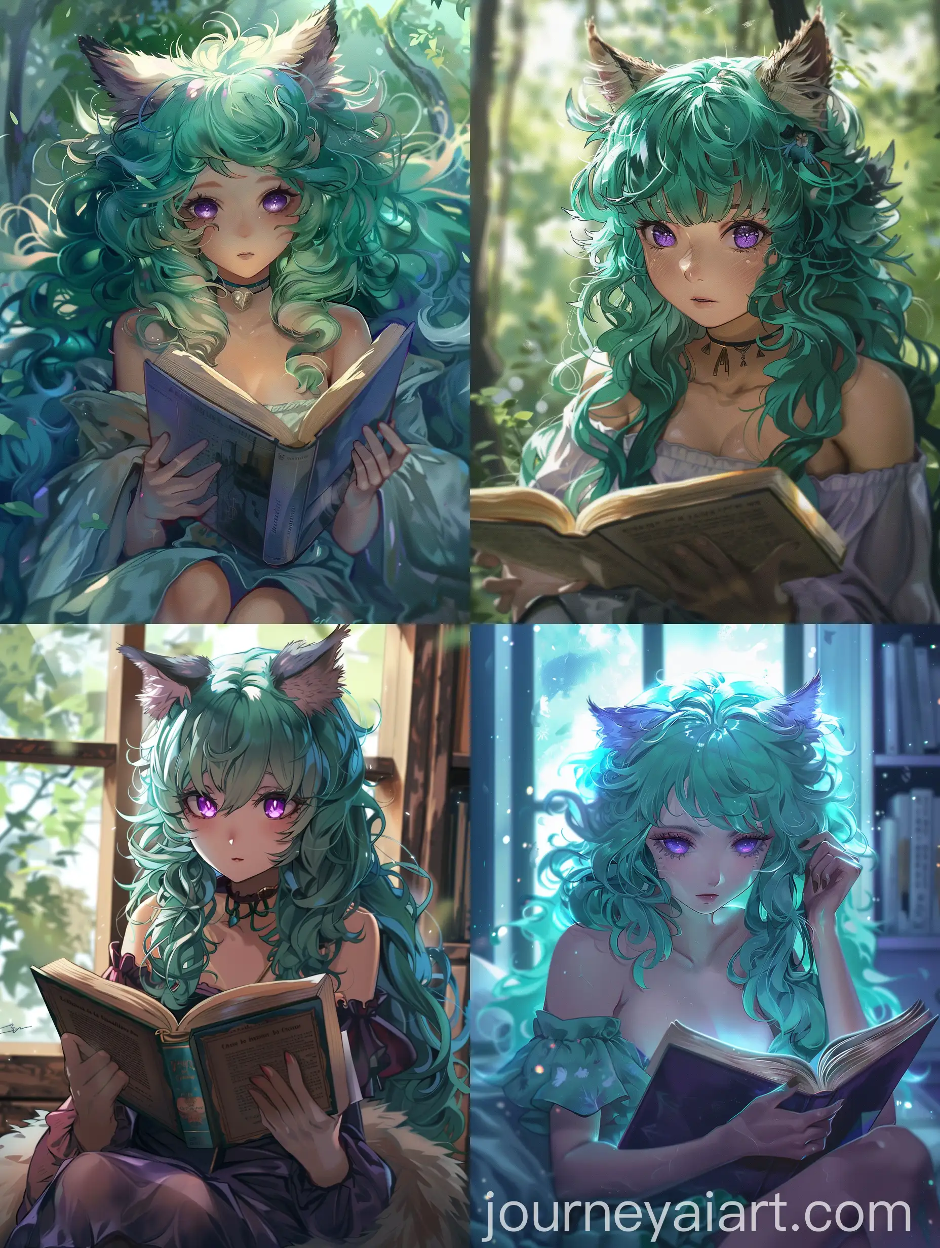 Anime-Girl-with-Sea-Green-Curly-Hair-and-Fox-Tails-Reading-a-Book