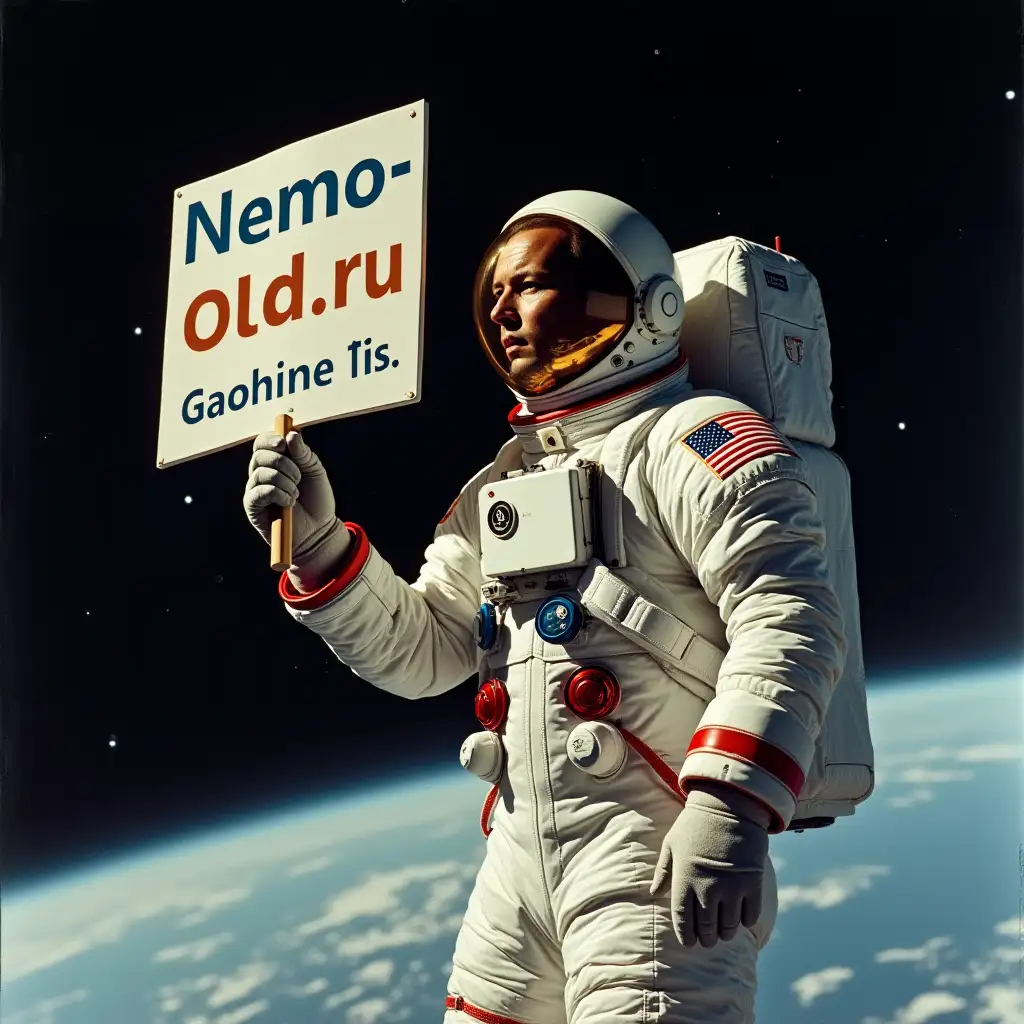 astronaut Gagarin in outer space, holding a sign with the inscription 'Nemo-Old.ru'