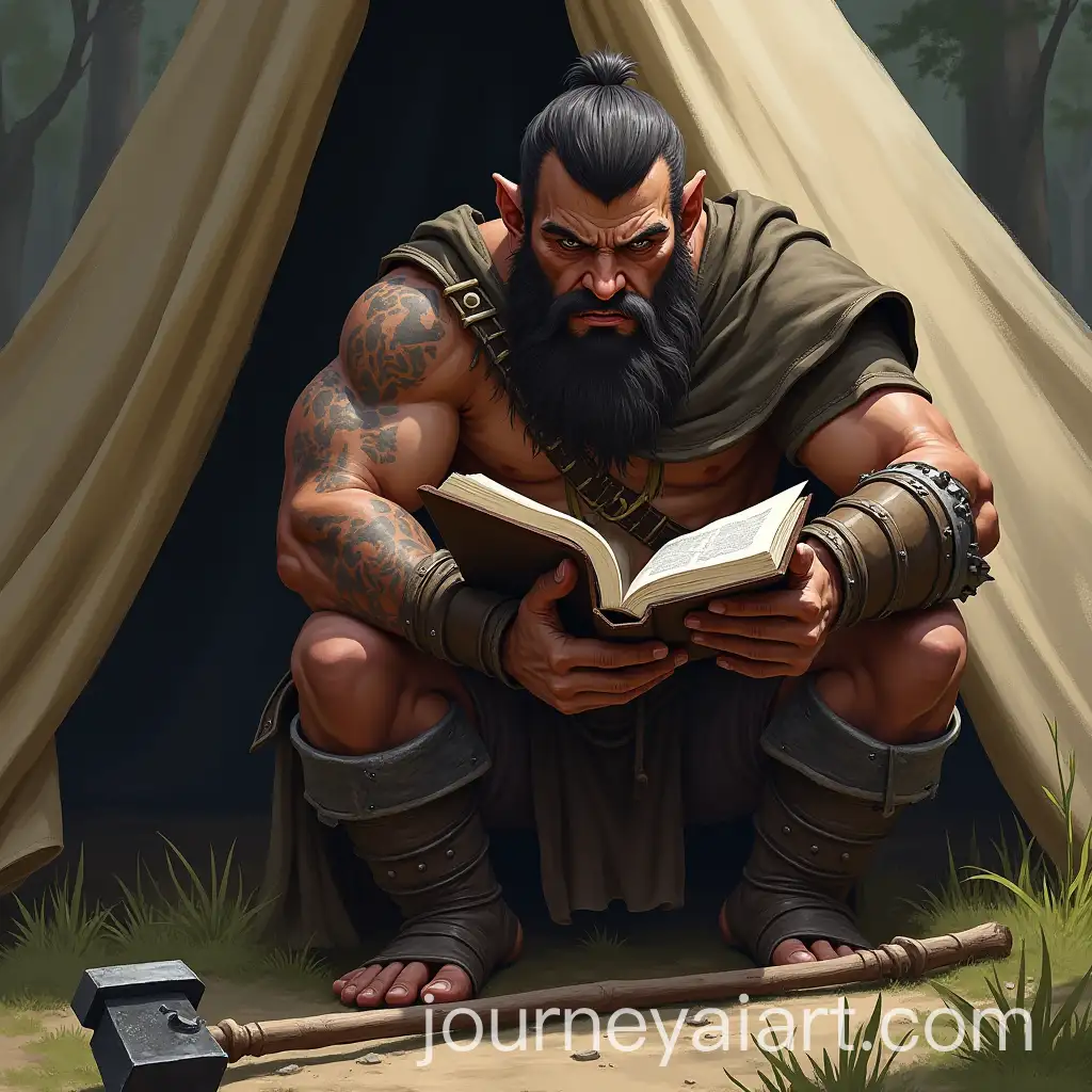 Barbarian-HalfOrc-Reading-by-Tent-with-War-Hammer-Nearby