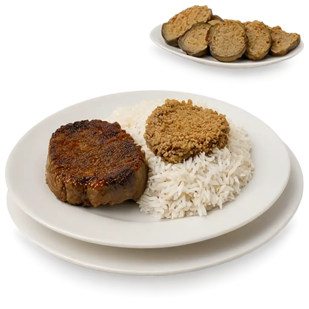 Delicious-White-Plate-with-Rice-Eggplant-and-Breaded-Steak-PNG-Image