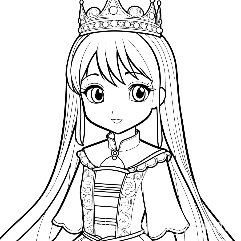 anime princess, Coloring Page, black and white, line art, white background, Simplicity, Ample White Space. The background of the coloring page is plain white to make it easy for young children to color within the lines. The outlines of all the subjects are easy to distinguish, making it simple for kids to color without too much difficulty