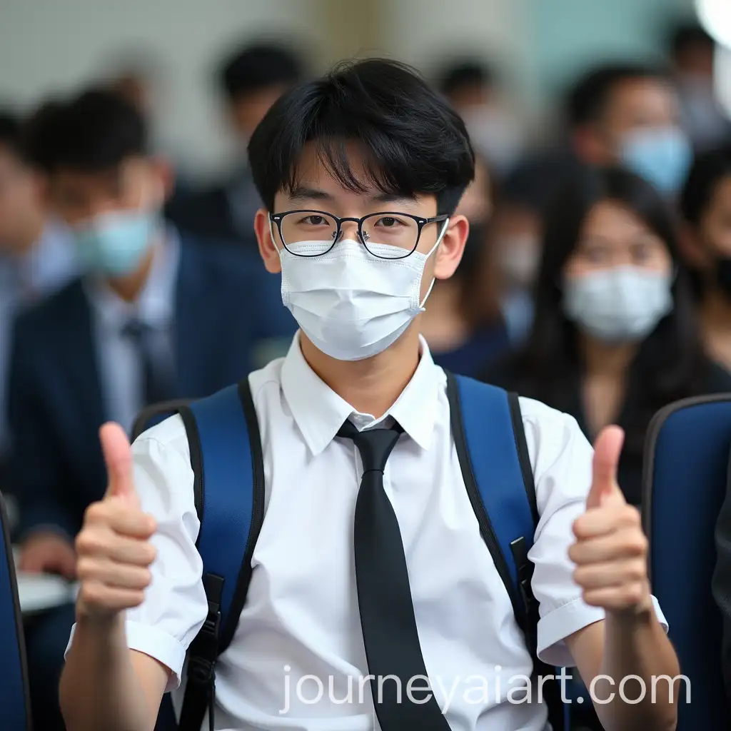 Young-Man-in-Glasses-Giving-ThumbsUp-Among-Group-with-Face-Mask-and-Backpack