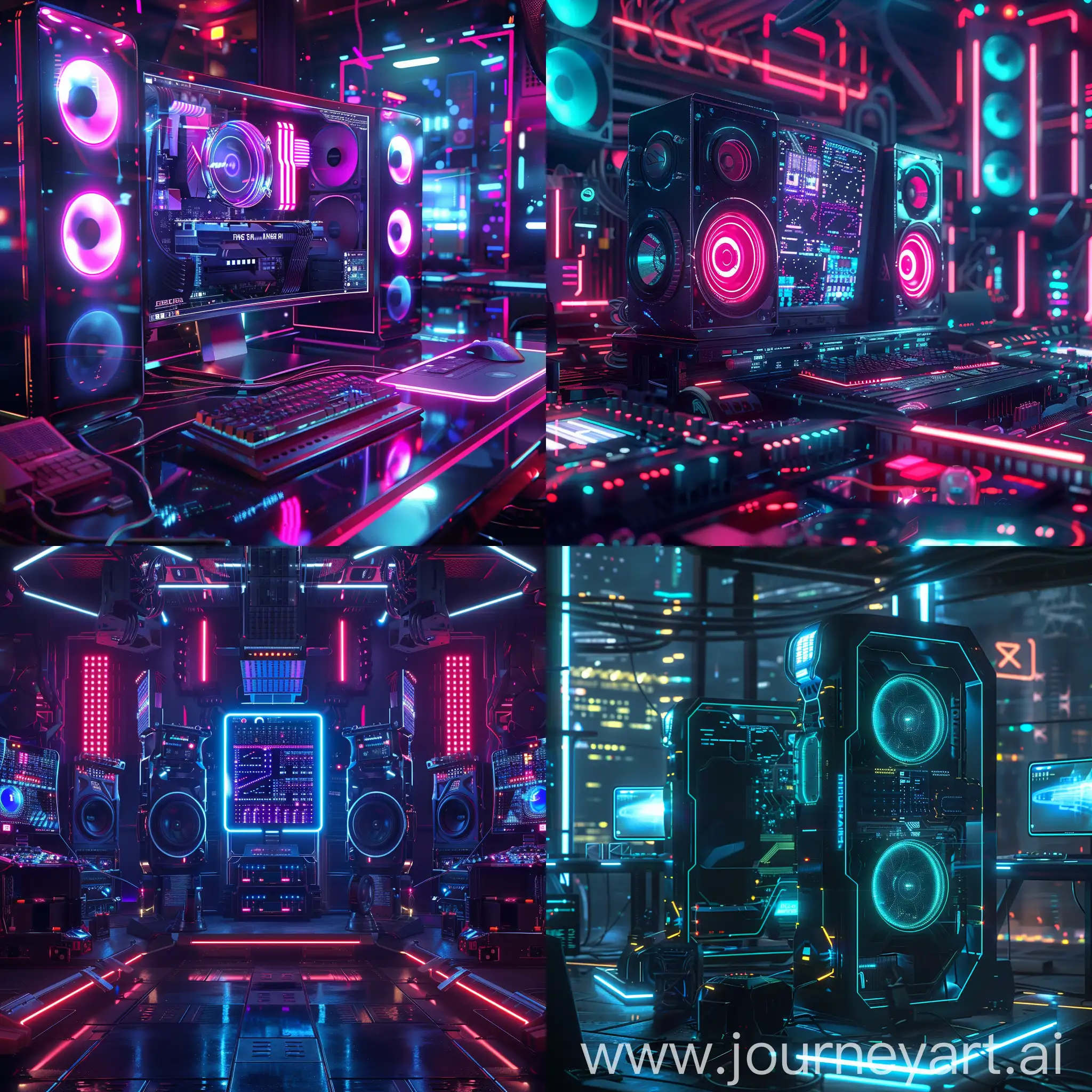 Futuristic-PC-Speakers-Emitting-Neon-Lights-in-Dimly-Lit-Tech-Room