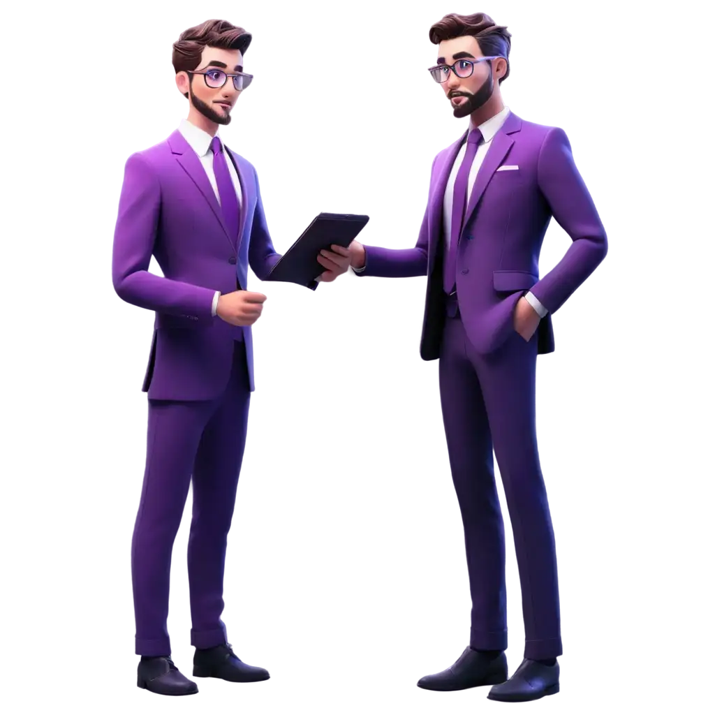 Create a vibrant, high-tech cartoon-style graphic with a purple gradient of a business man and a robot.