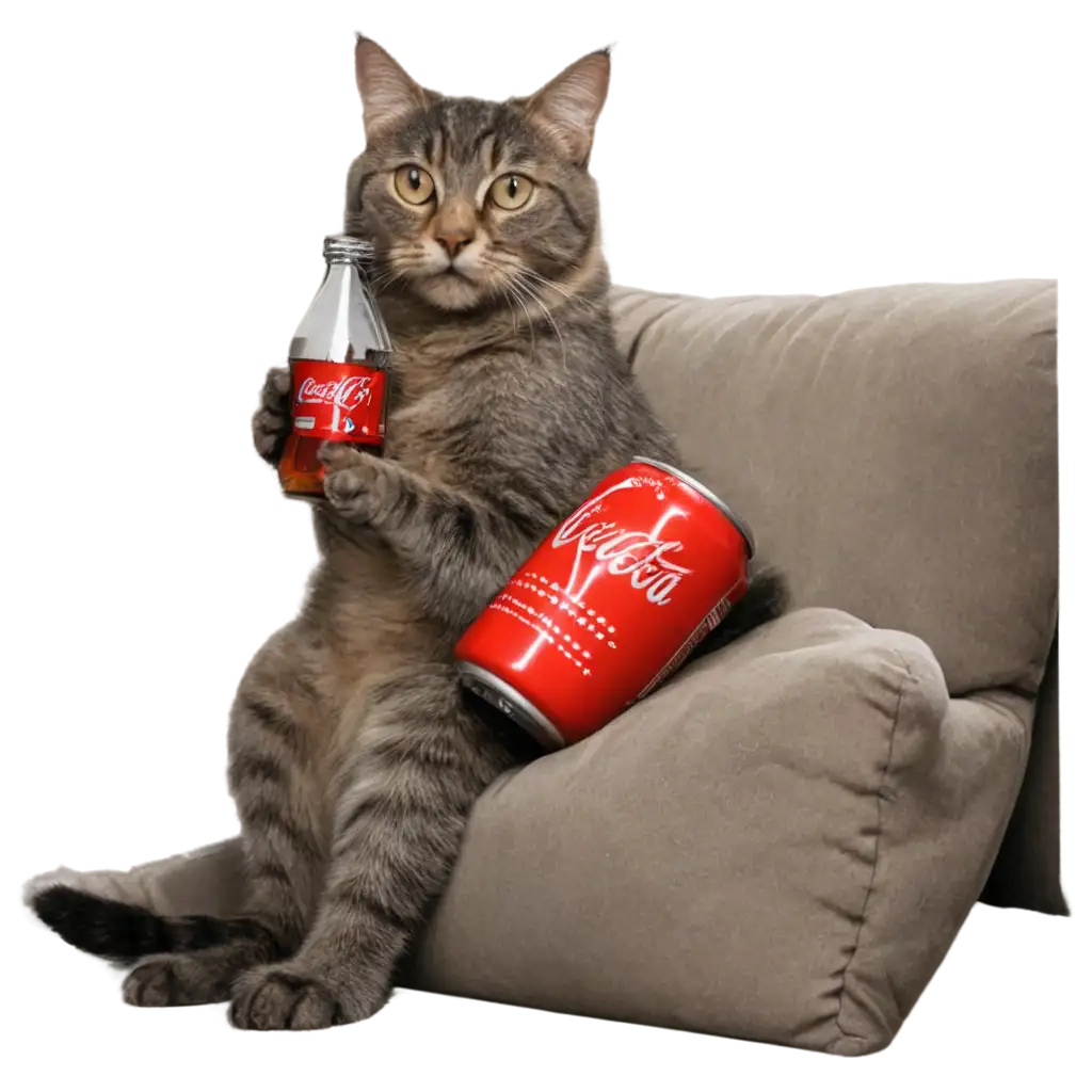 A cat that drinks coca cola and lies on the couch and watches dom2 on television