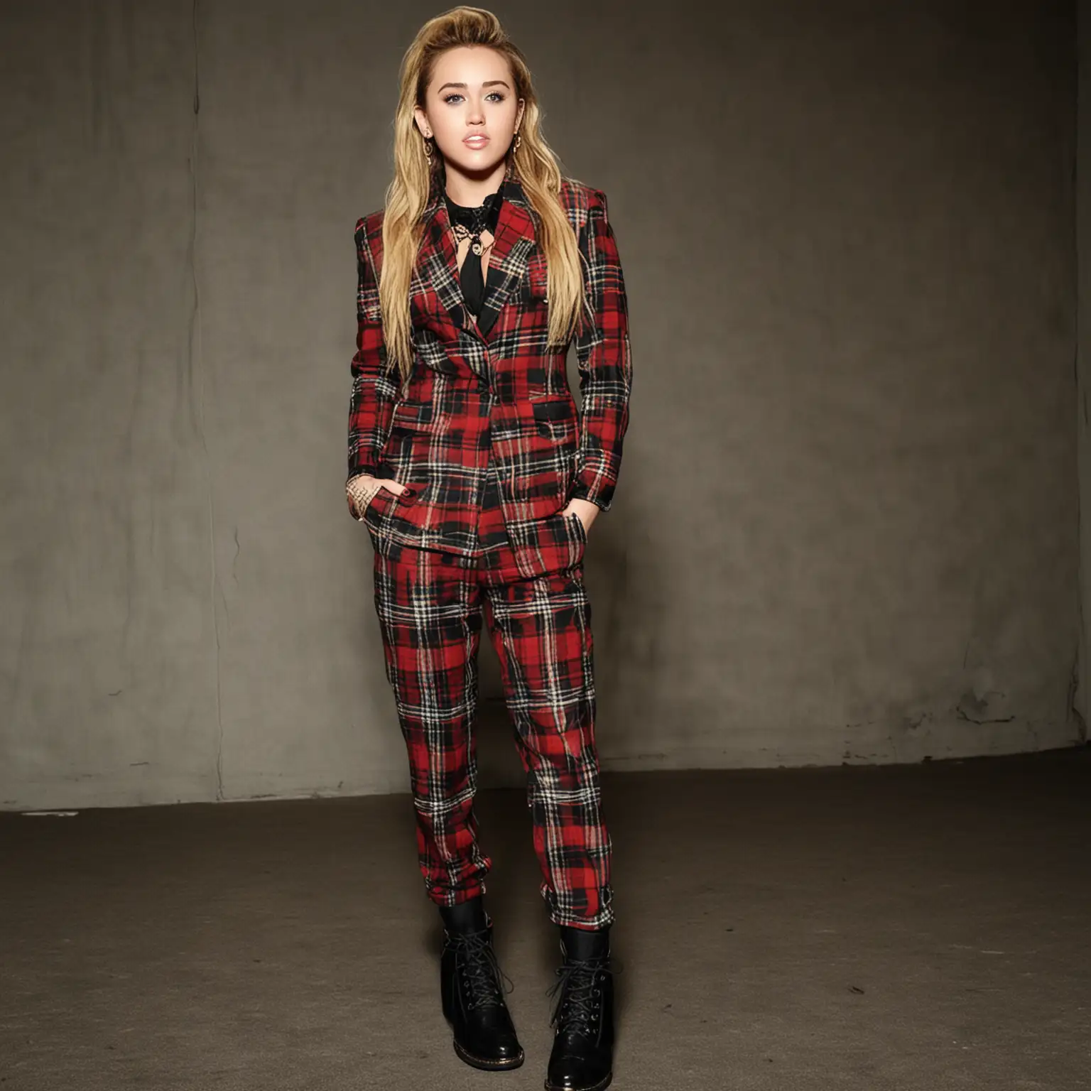 Miley-Cyrus-in-Plaid-Suit-with-Matching-Pants-and-Black-Plaid-Socks