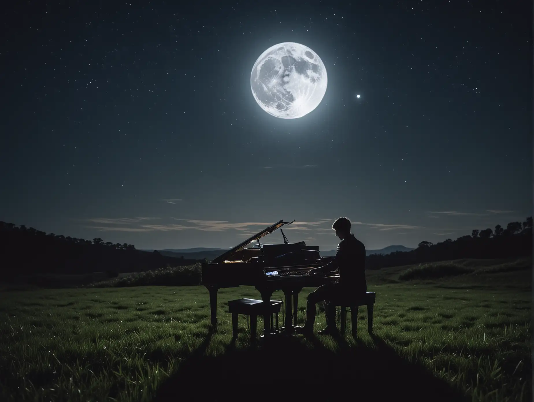 A silhouette of a pianist playing a grand piano under the night sky, with a massive full moon rising behind them. The scene is set on a grassy hill, with soft blades of grass visible in the foreground. The sky is deep blue, dotted with twinkling stars. The grand piano has its lid open, and the pianist is seated gracefully, immersed in playing. The composition is cinematic, with the moon providing a dramatic and enchanting backlight, casting a dreamy glow around the scene.